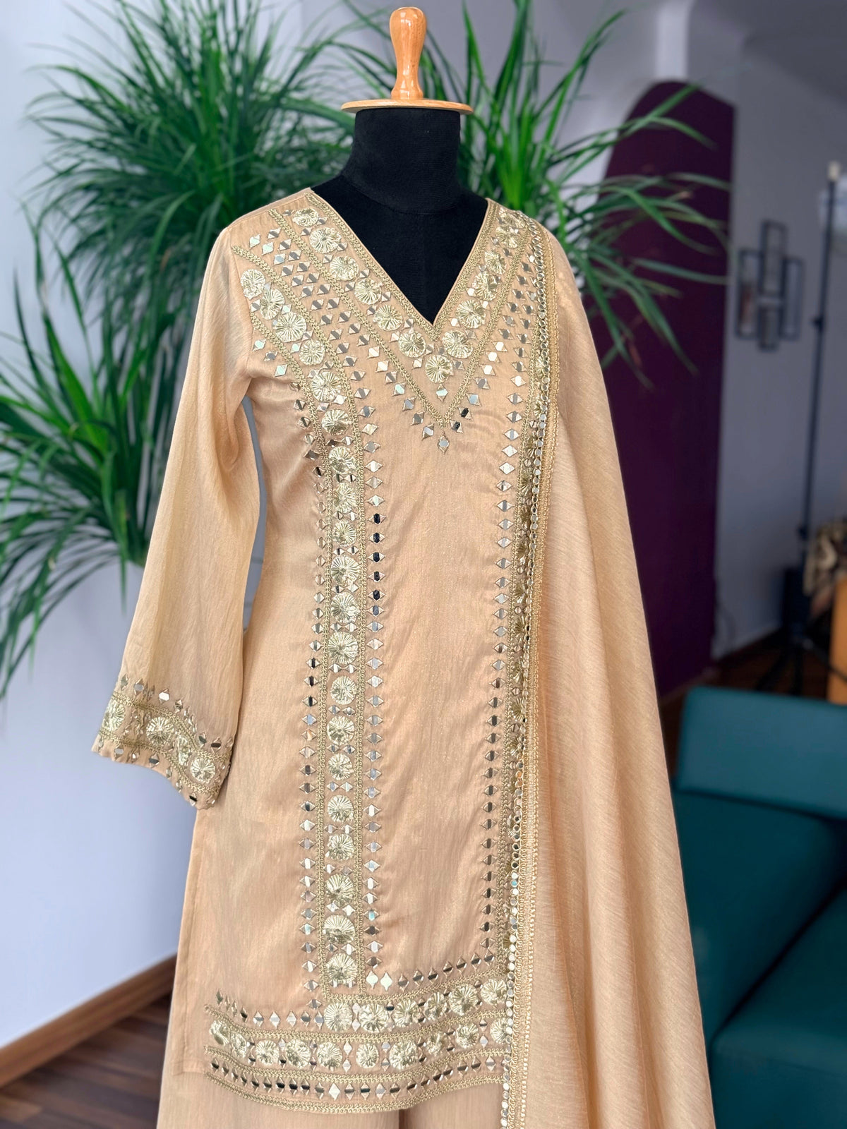 Champagne Gold Mirror & Embroidery Work Sharara set BLS120