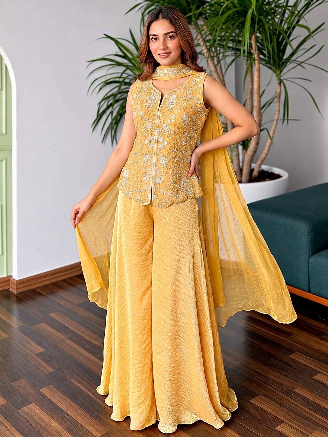 Mustard Yellow color Bids Sequence Embroidery work Sharara set BLS134