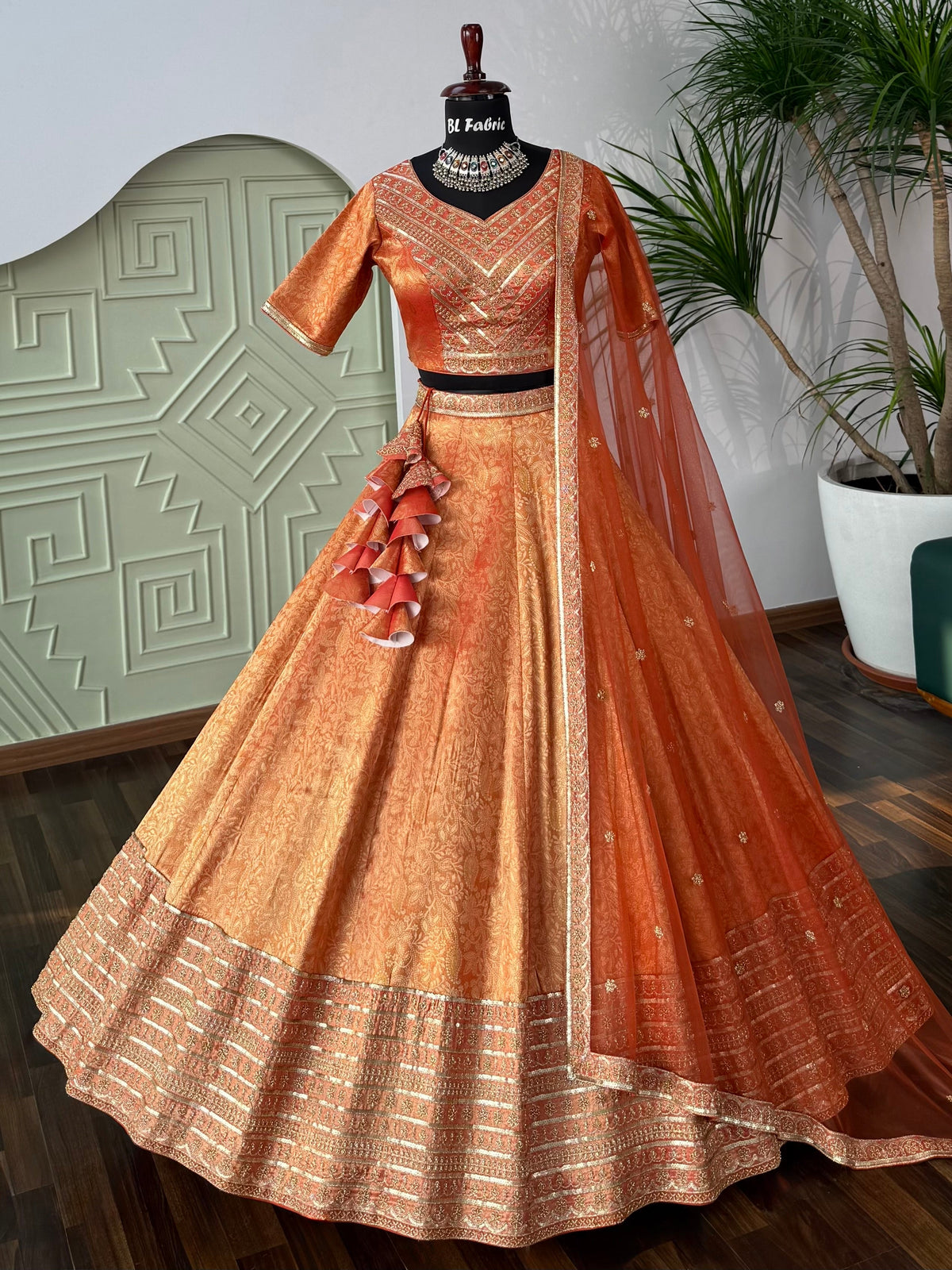 Orange color Jacquard With Bids Embroidery Designer Lehenga choli BL1676
