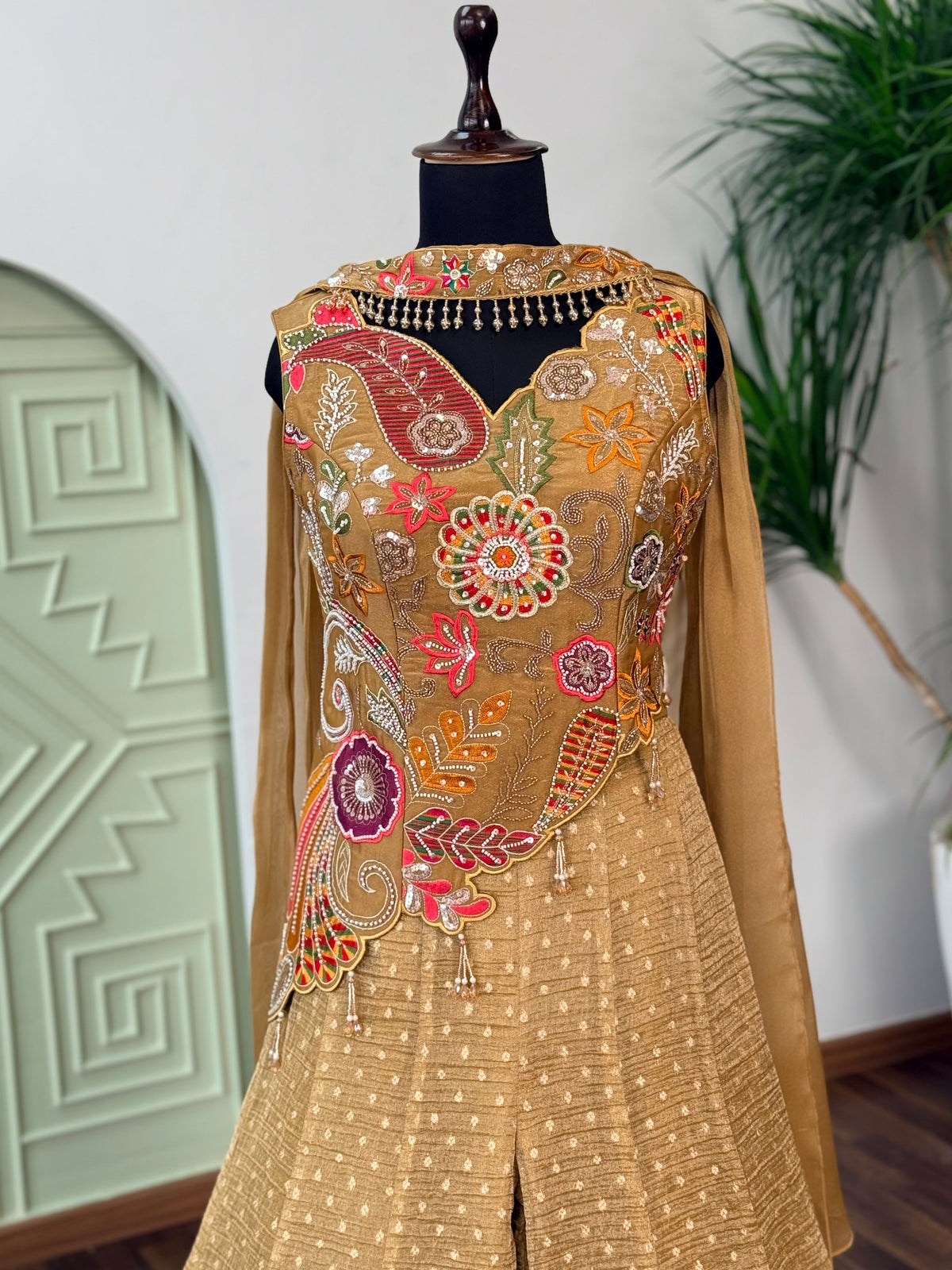 Golden Beige color Bids Embroidery work Sharara set BLS112