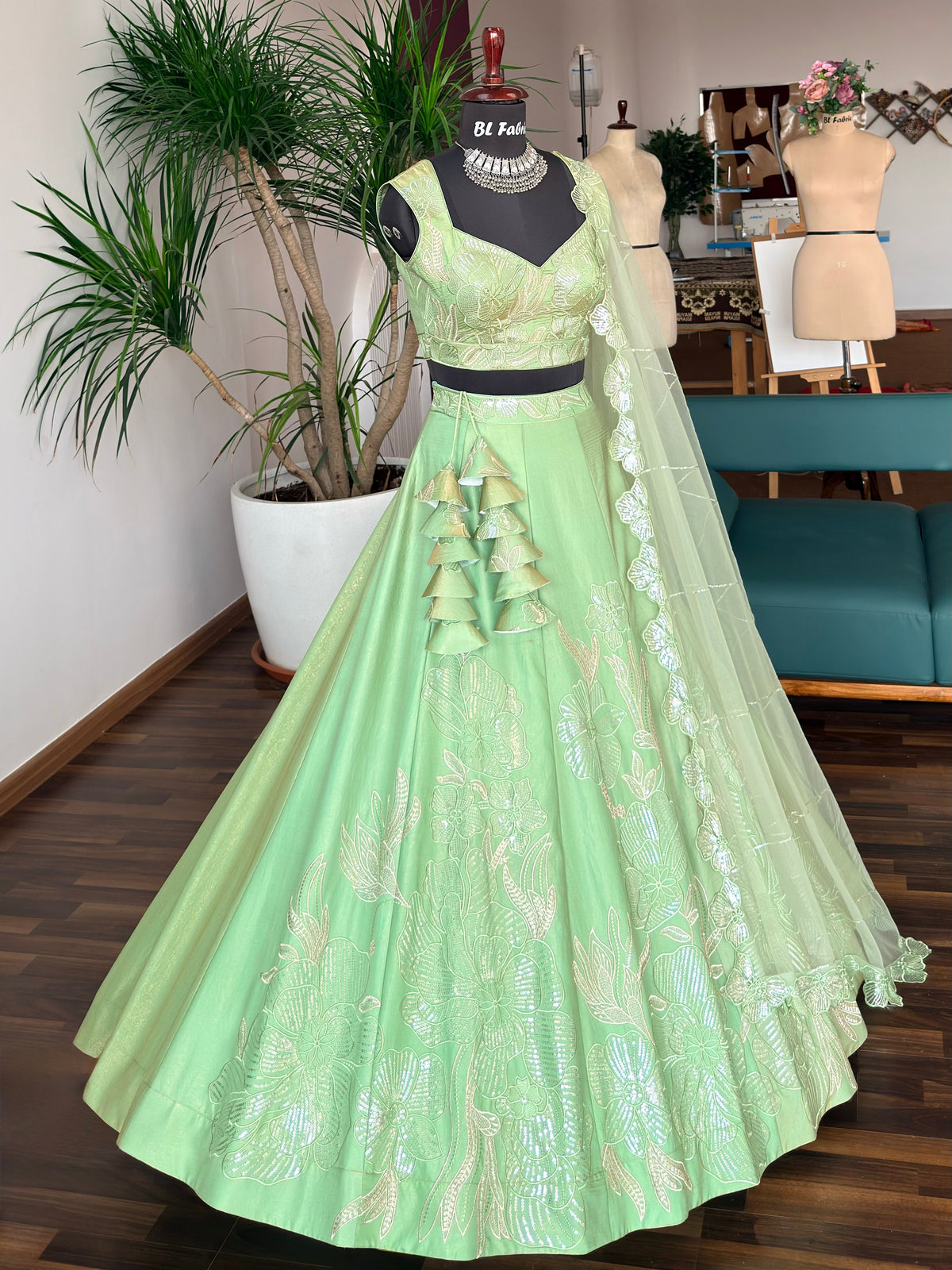 Soft Parrot Green color Designer Sequence Embroidery work Lehenga choli BL1690