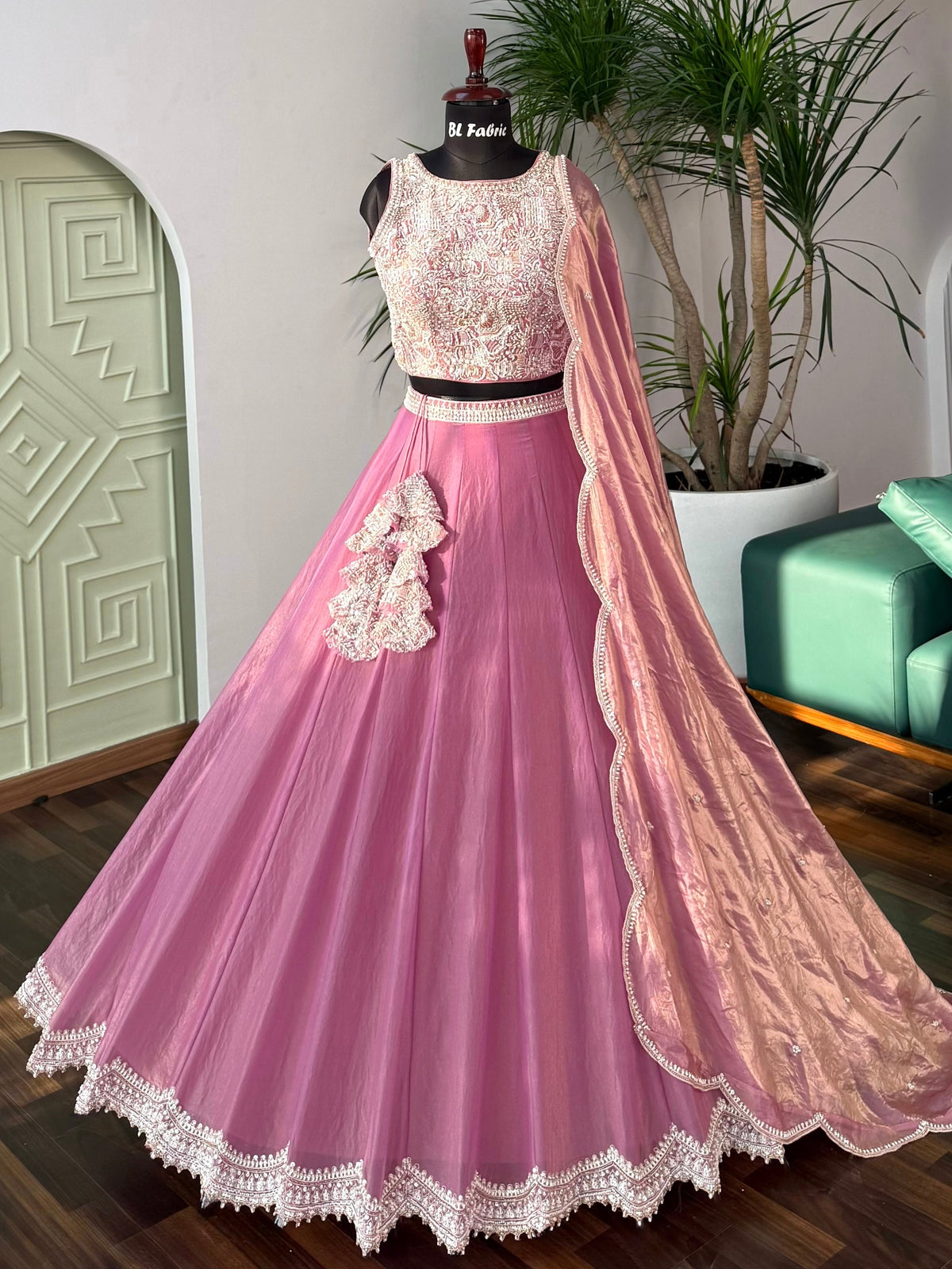 Dusty Rose Pink color Bids Embroidery work Lehenga Choli BL1668