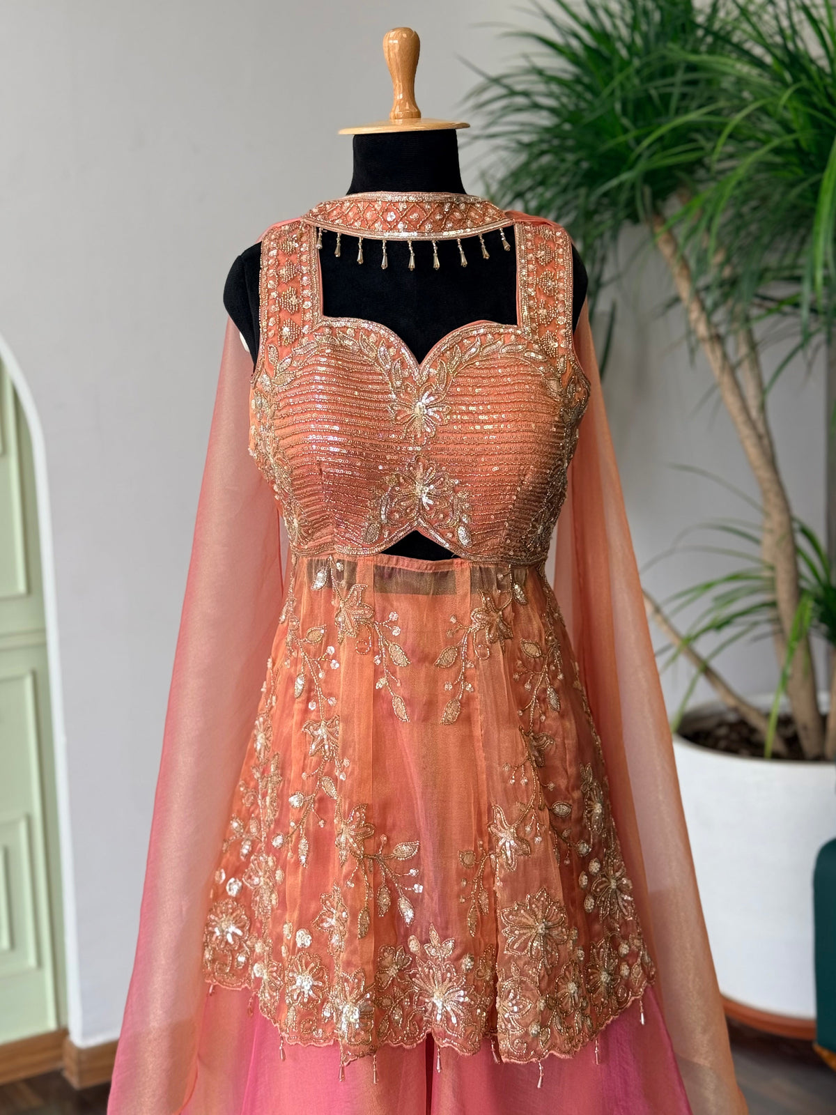 Peach Pink color Bids Sequence Embroidery work Sharara set BLS137