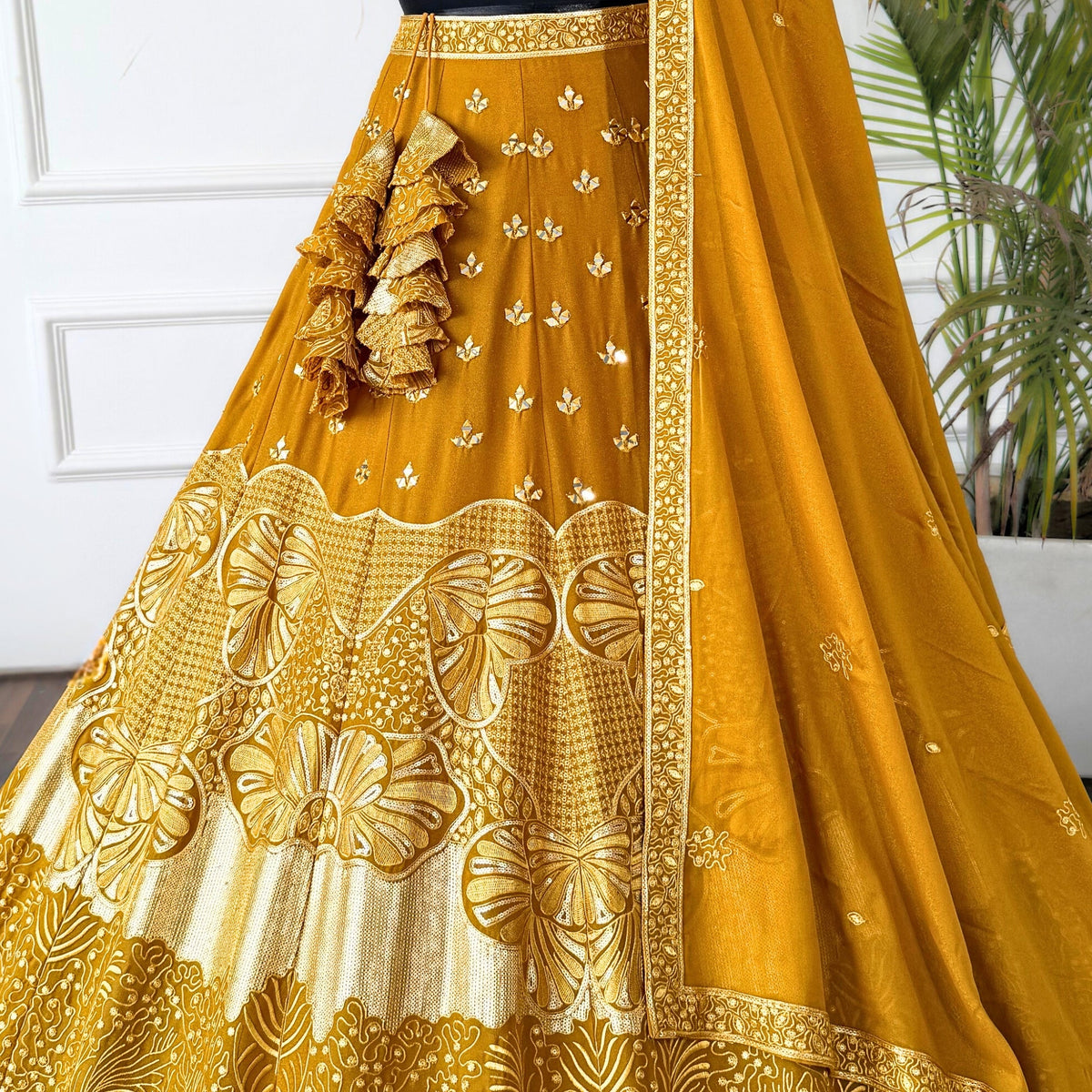 Golden color Real Mirror & Sequence Embroidery work Designer Lehenga Choli for Wedding Function BL1491