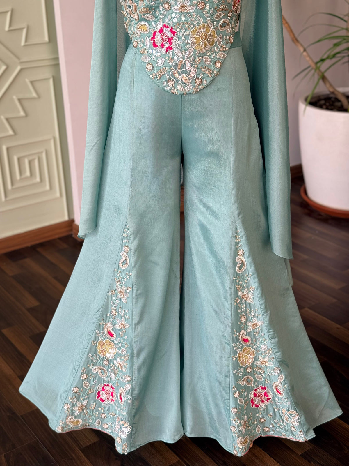 Pastel Aqua Blue color Bids Sequence Embroidery work Sharara set BLS128
