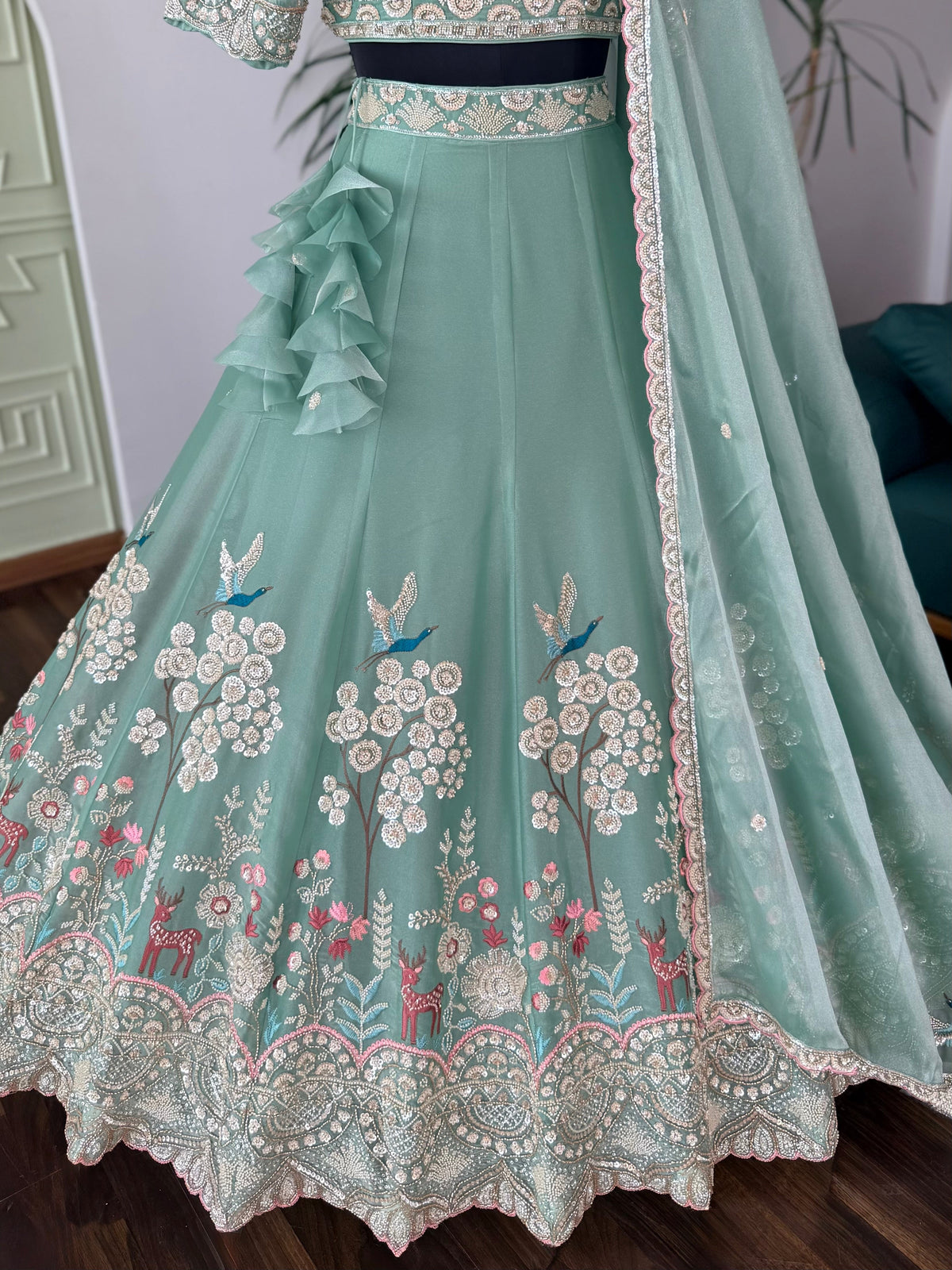 Dusty Sky blue color Bids Embroidery work Designer Lehenga Choli BL1716