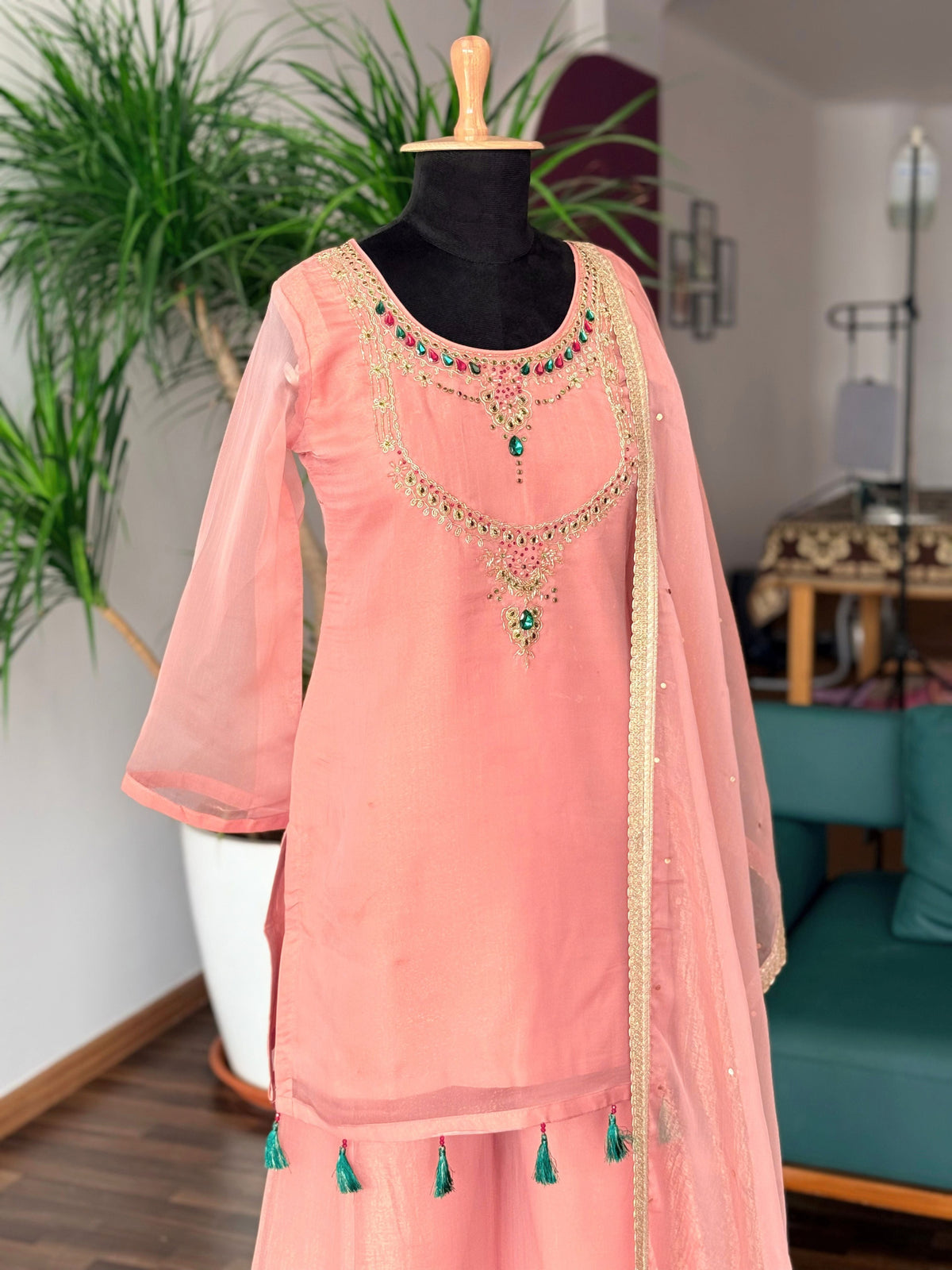 Peach Pink color Bids Sequence Embroidery work Sharara set BLS135