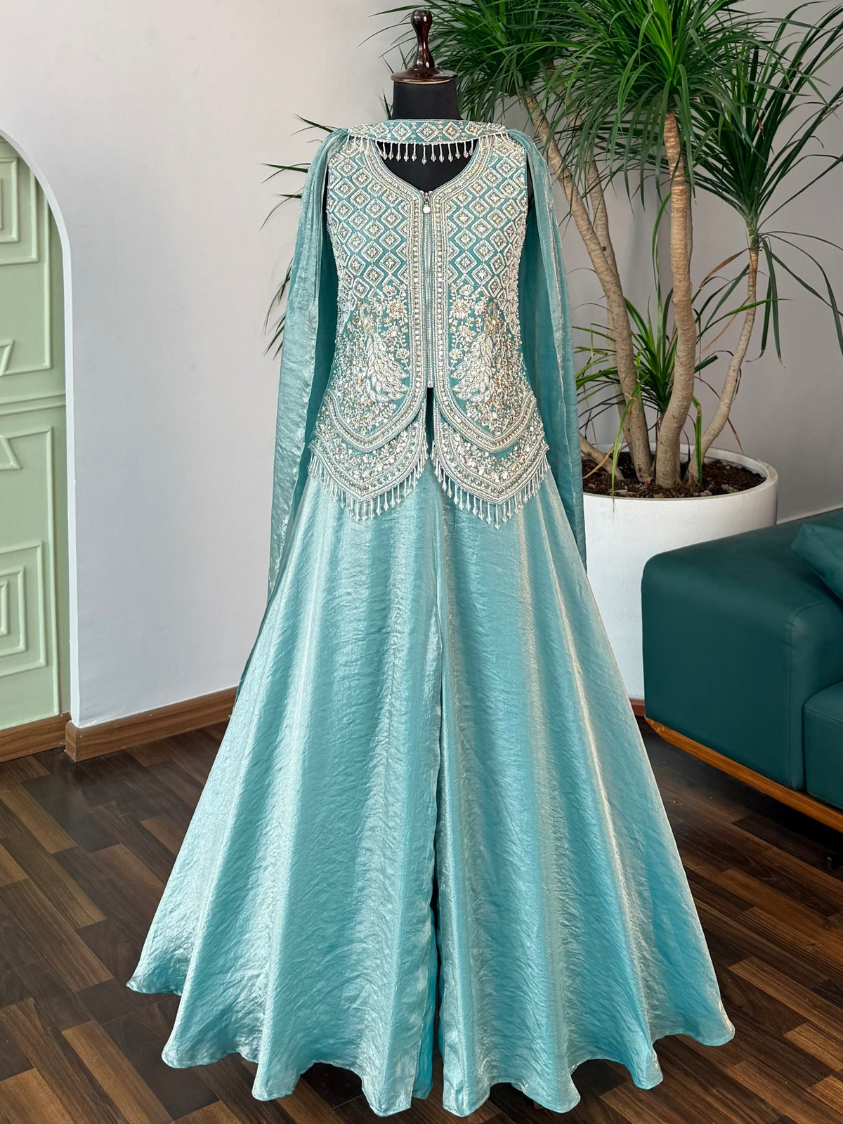 Royal Ice blue color Bids Sequence Embroidery work Sharara set BLS102