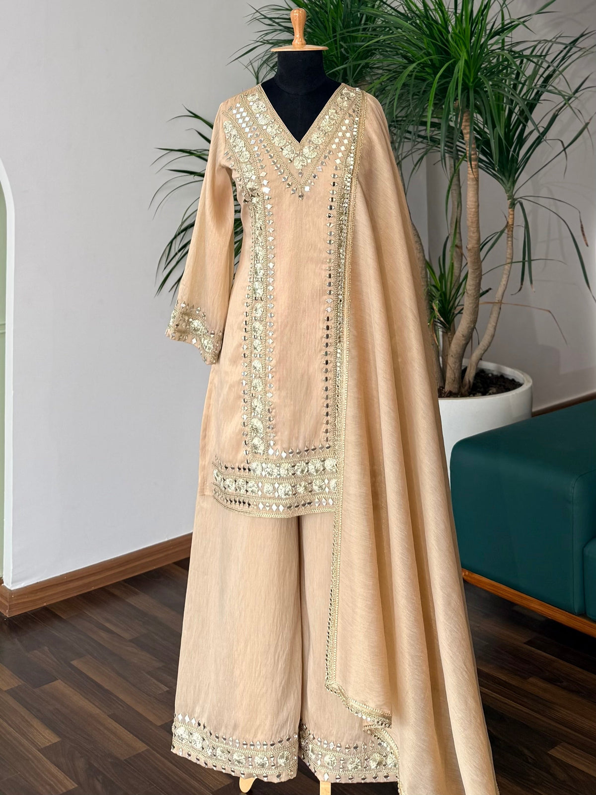 Champagne Gold Mirror & Embroidery Work Sharara set BLS120