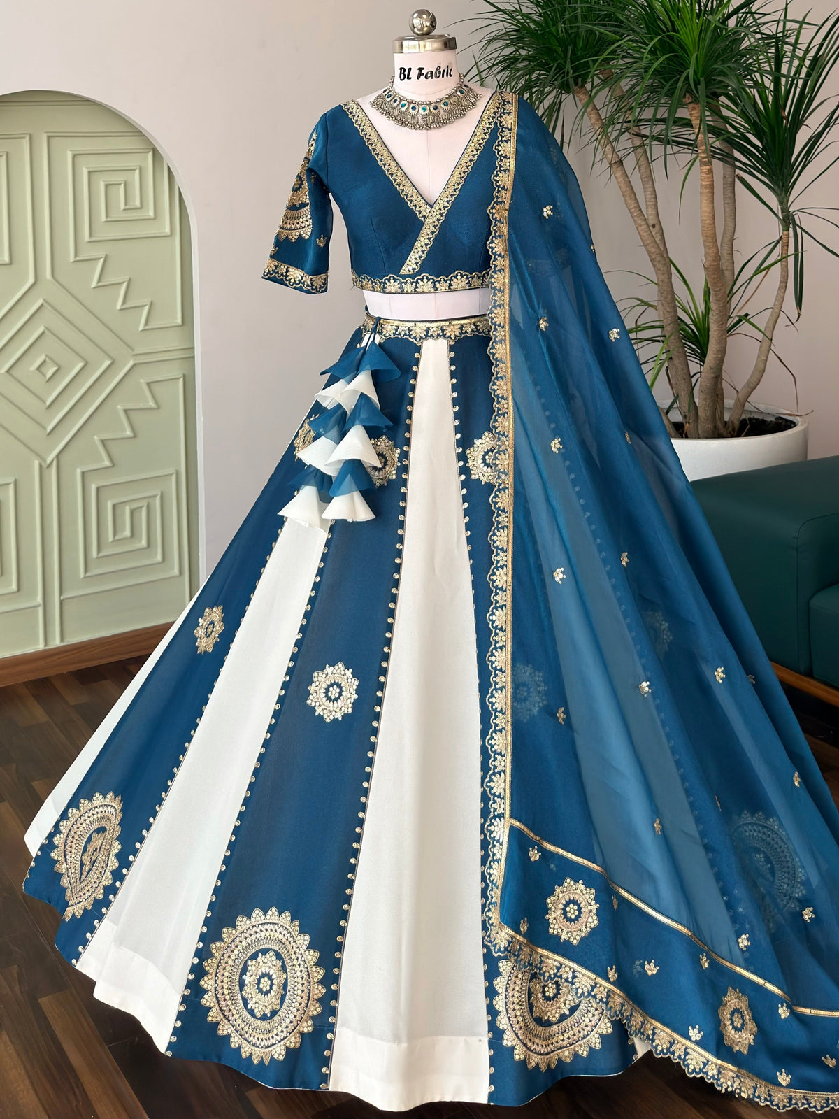 Teal Blue & Off-White color Sequence Embroidery work Designer Lehenga Choli BL1707