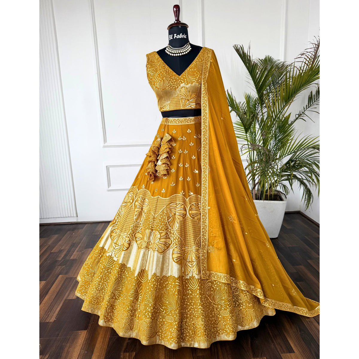 Golden color Real Mirror & Sequence Embroidery work Designer Lehenga Choli for Wedding Function BL1491