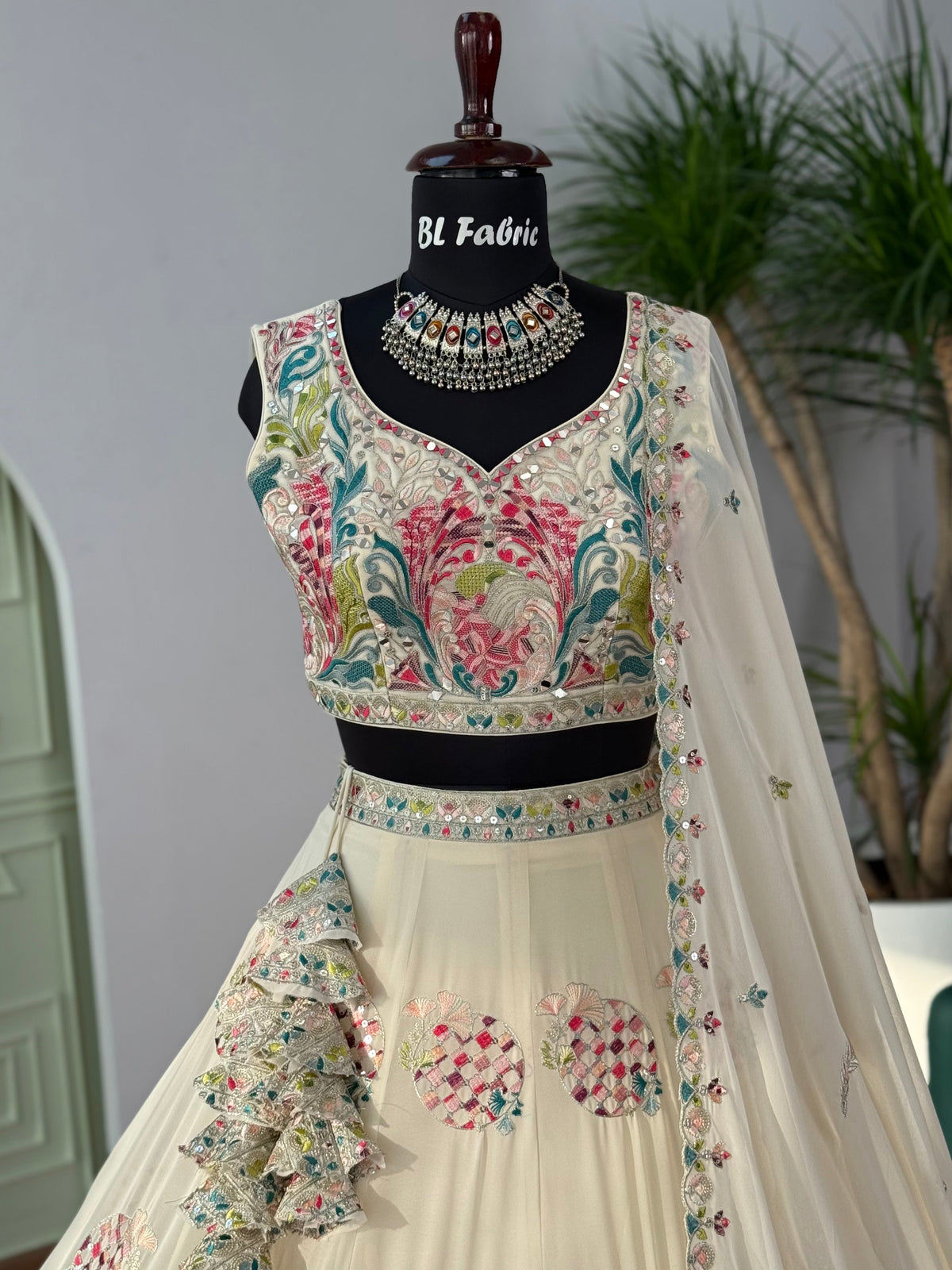Off White color Real Mirror & Embroidery work Designer Lehenga Choli BL1656