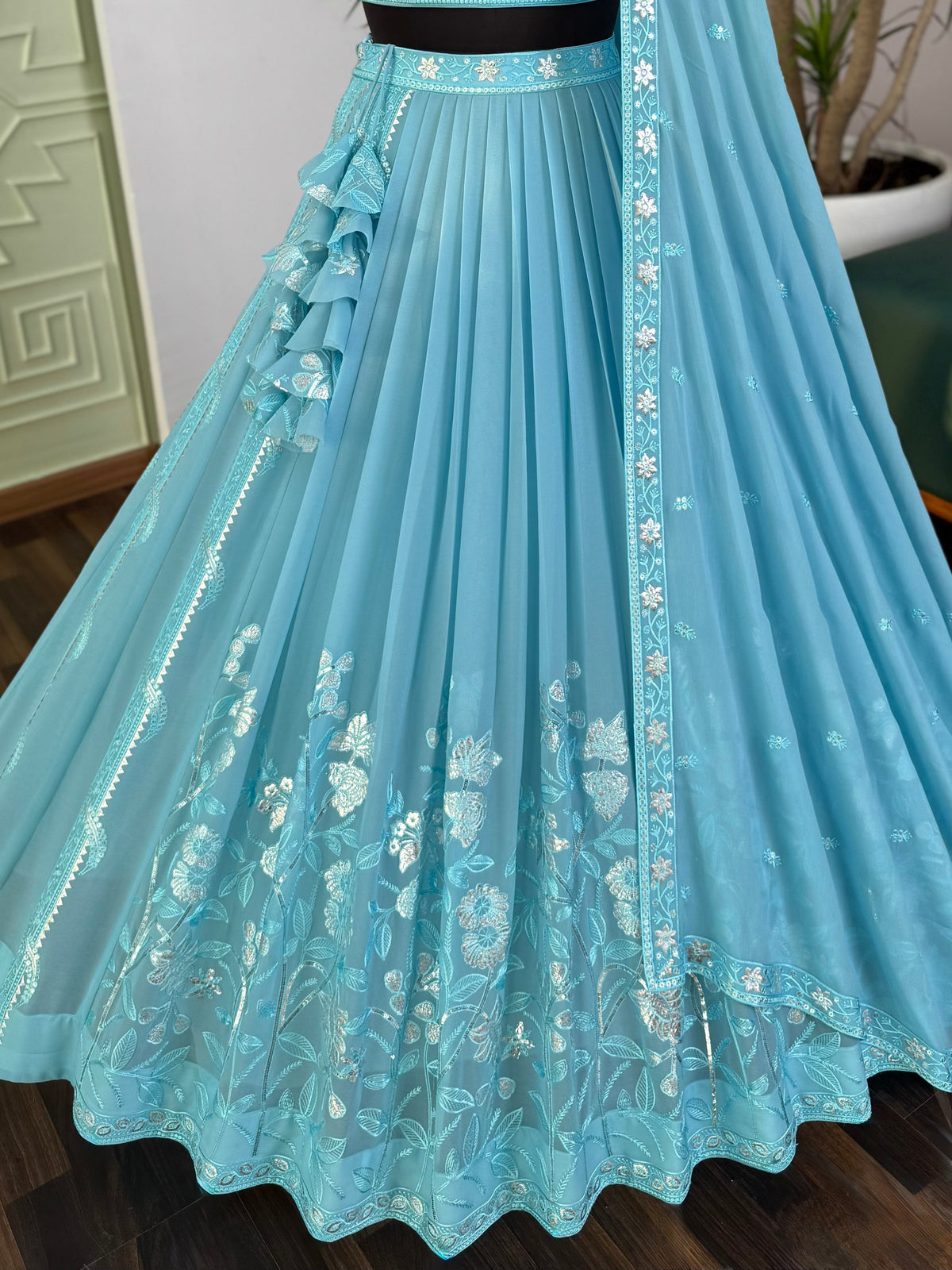 Sky blue color Real Mirror & Embroidery work Designer Lehenga Choli BL1663