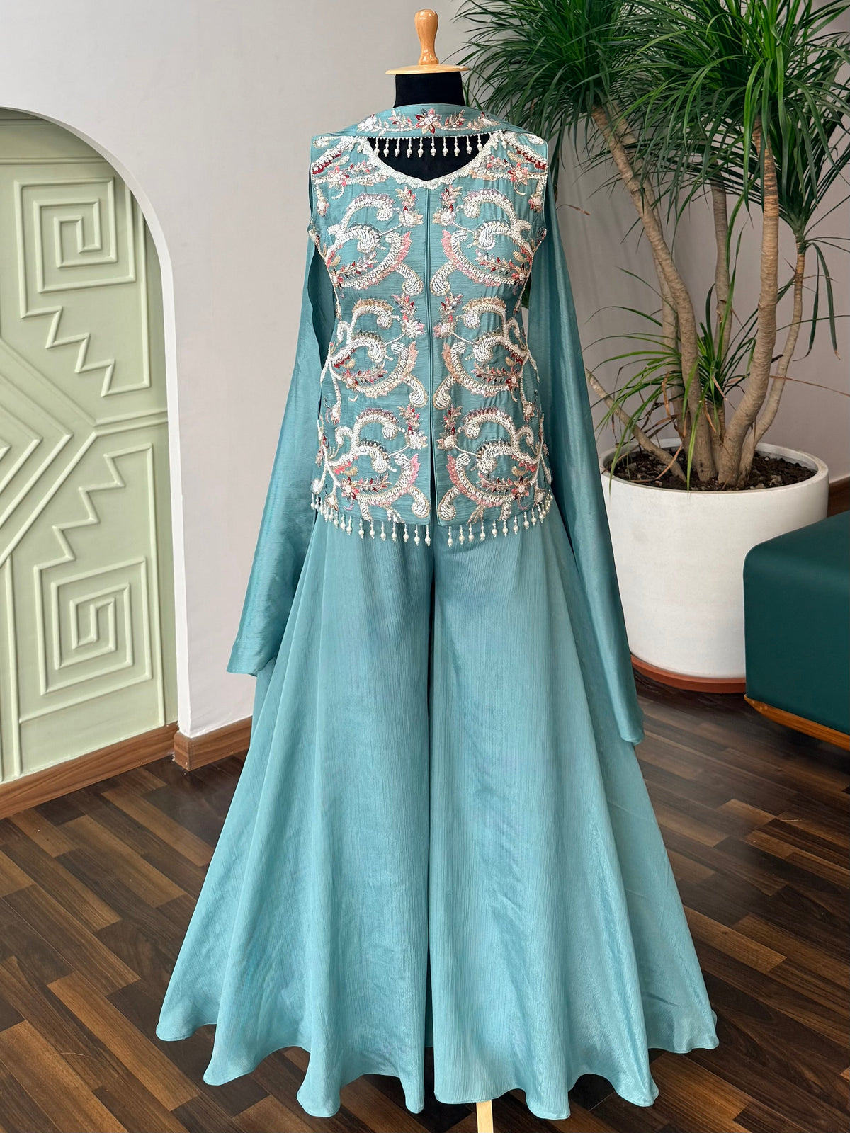 Sky blue color Bids Sequence Embroidery work Sharara set BLS122