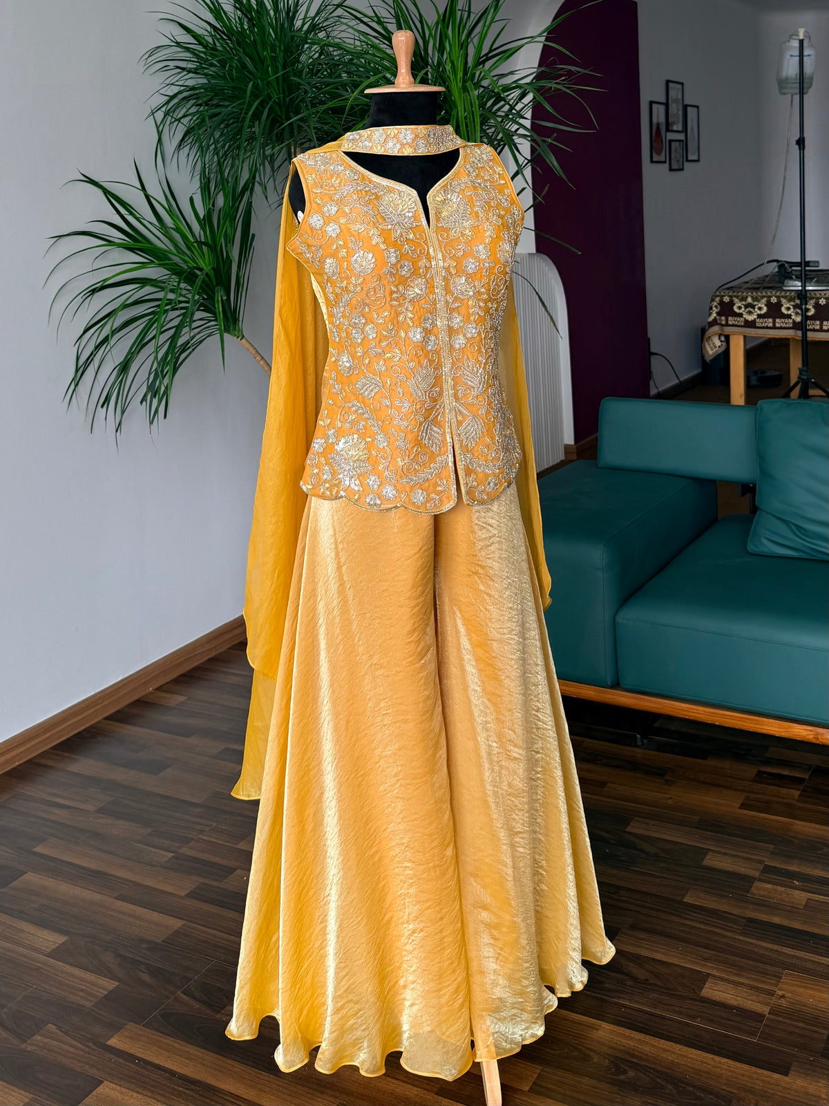 Mustard Yellow color Bids Sequence Embroidery work Sharara set BLS134