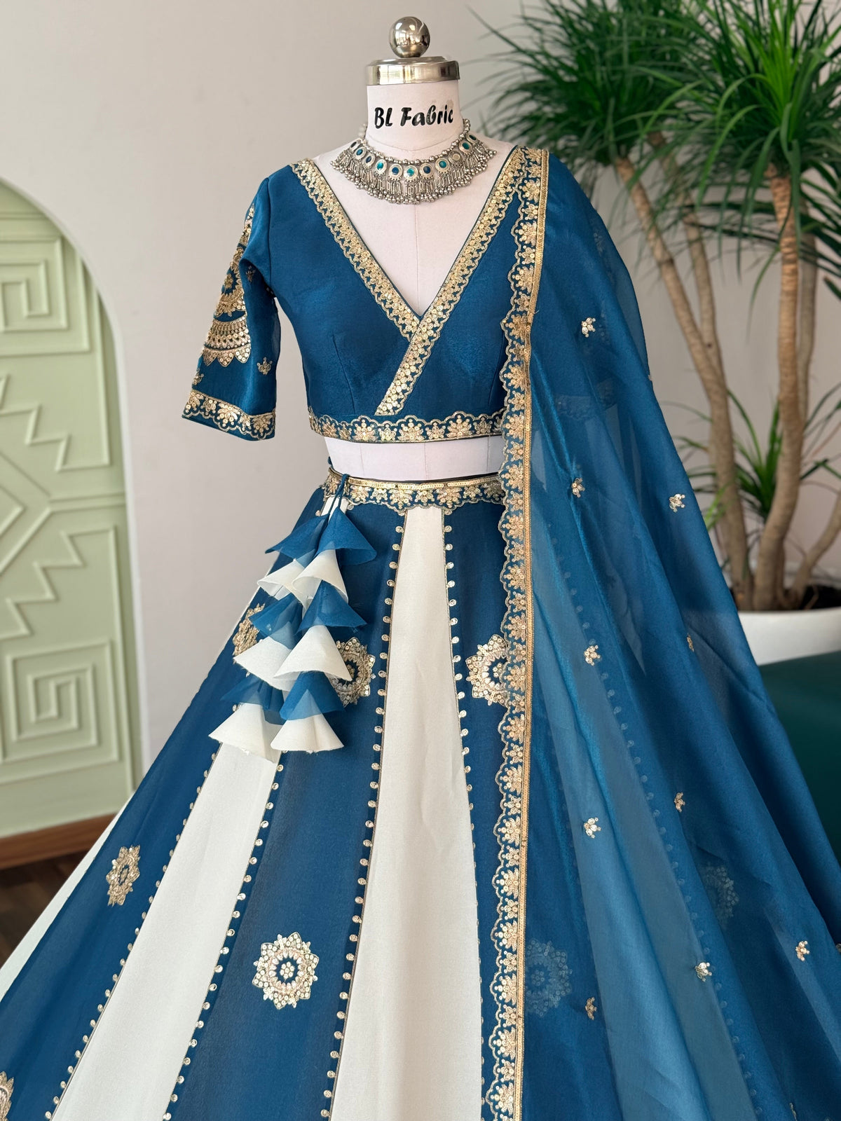 Teal Blue & Off-White color Sequence Embroidery work Designer Lehenga Choli BL1707