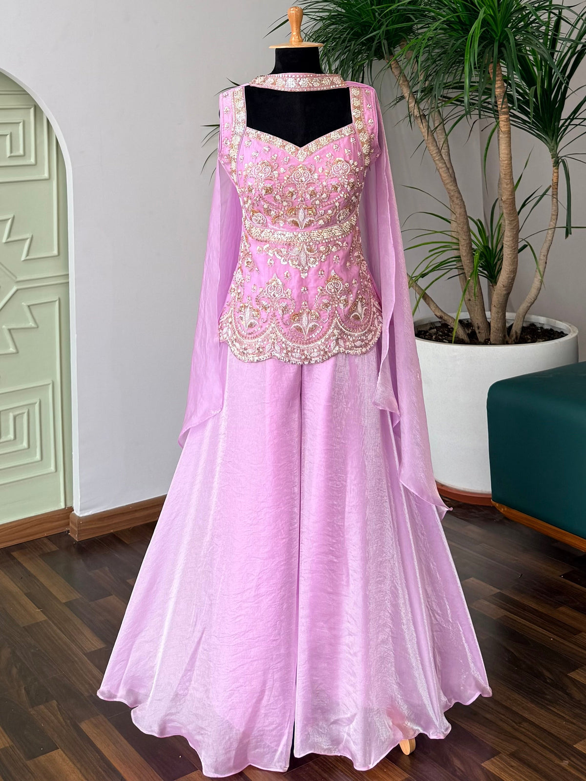 Pastel Lavender Pink color Bids Sequence Embroidery work Sharara set BLS126