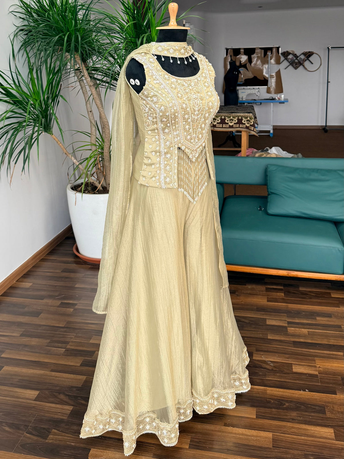 Green color Bids Embroidery work Sharara set BLS119