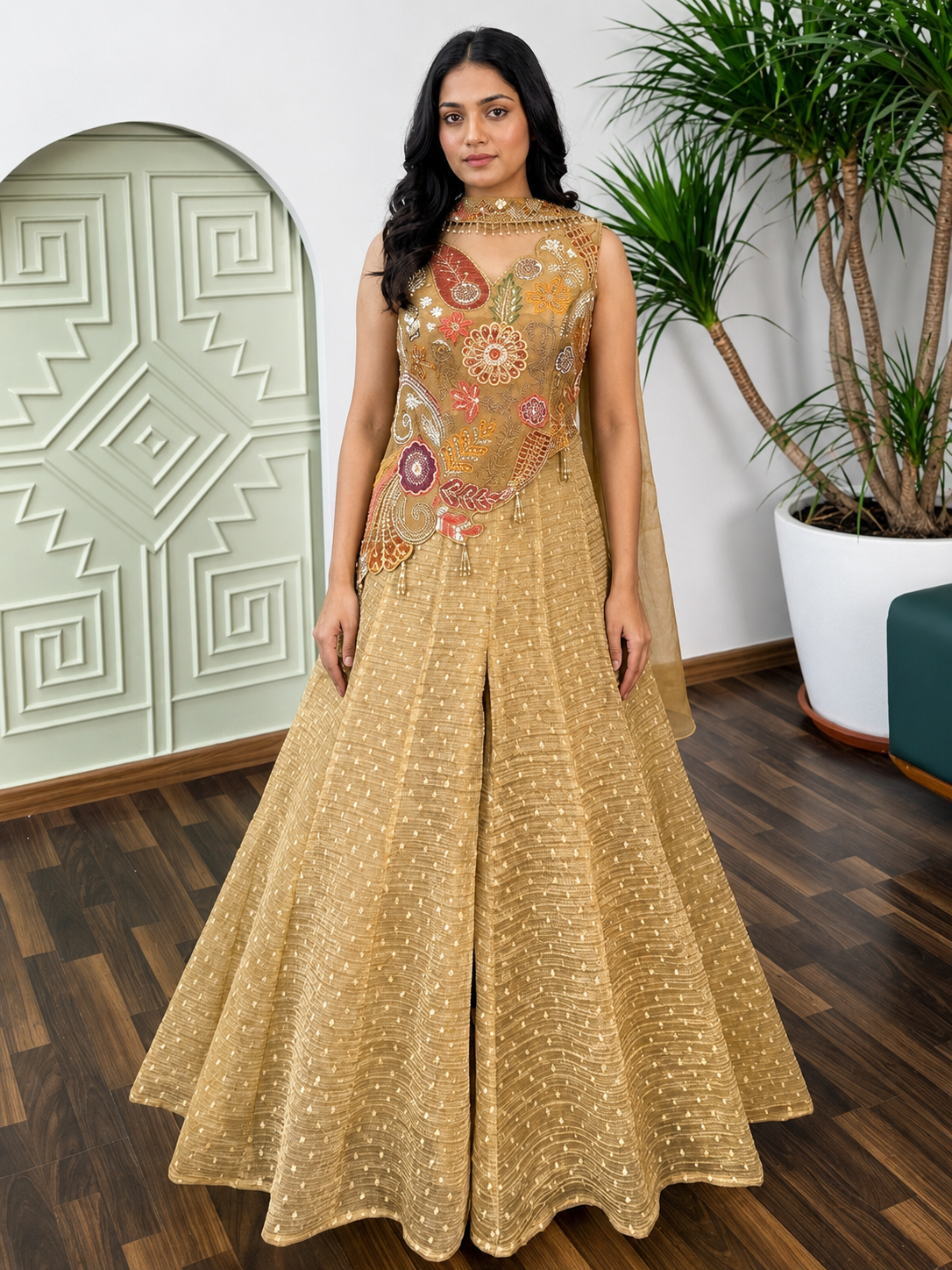 Golden Beige color Bids Embroidery work Sharara set BLS112