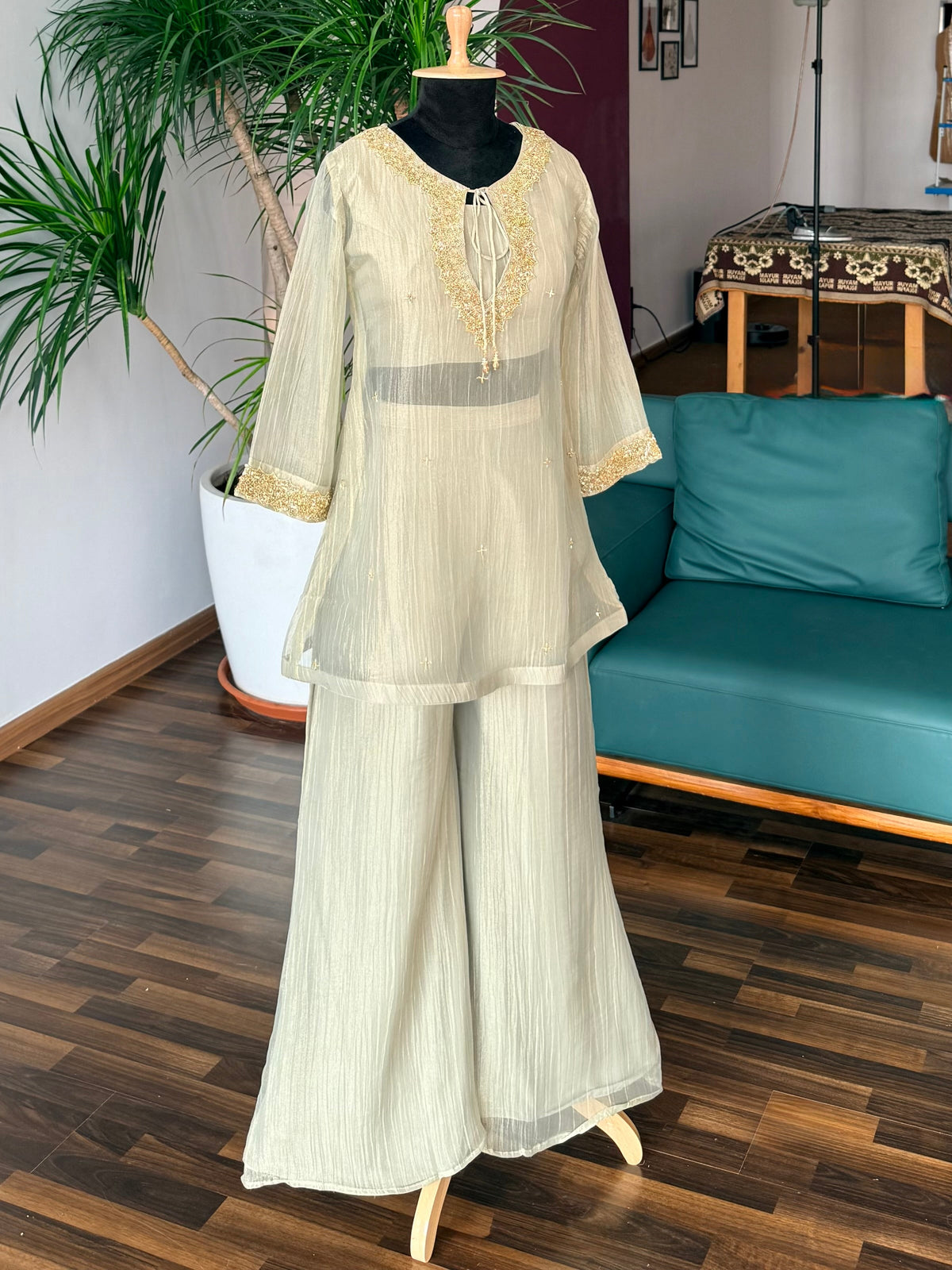 Dusty Champagne Gray Handwork Necklace Sharara set BLS132