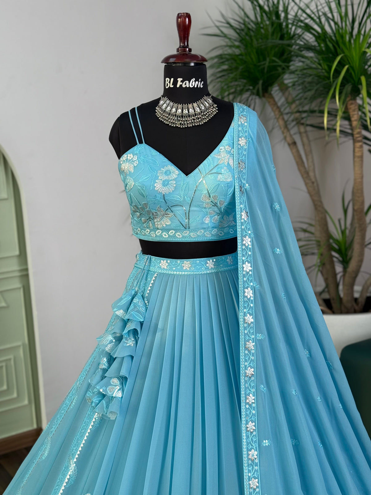 Sky blue color Real Mirror & Embroidery work Designer Lehenga Choli BL1663