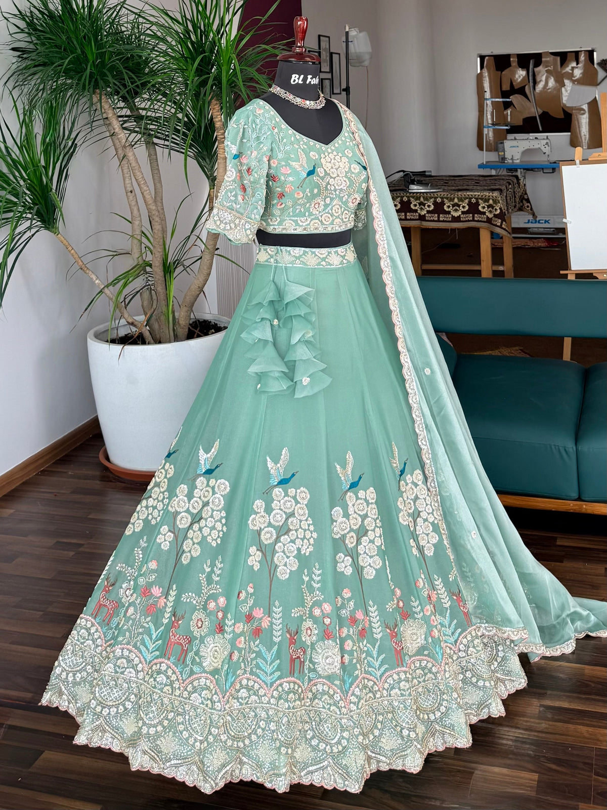 Dusty Sky blue color Bids Embroidery work Designer Lehenga Choli BL1716