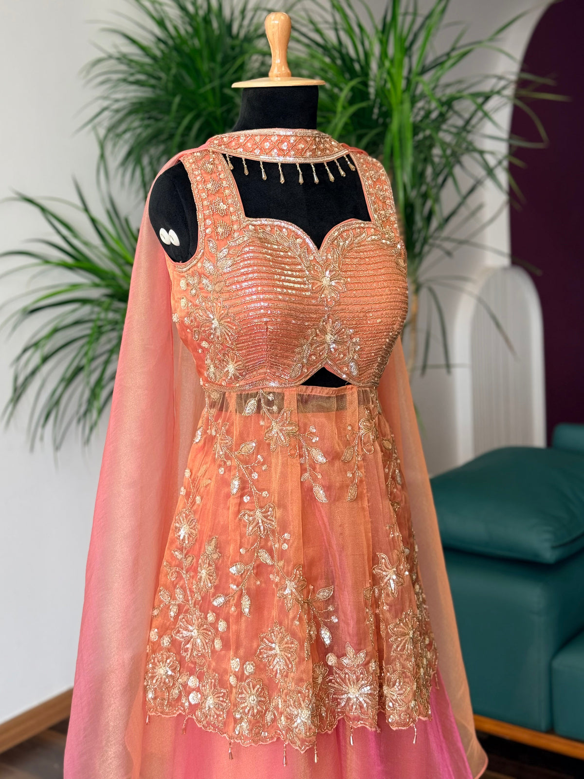 Peach Pink color Bids Sequence Embroidery work Sharara set BLS137