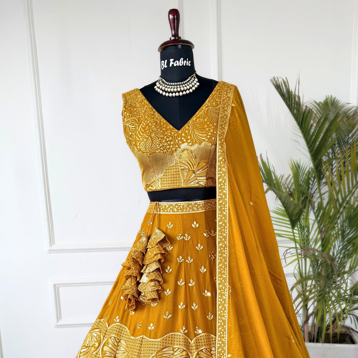 Golden color Real Mirror & Sequence Embroidery work Designer Lehenga Choli for Wedding Function BL1491