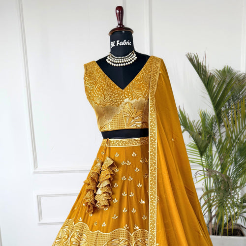 Golden color Real Mirror & Sequence Embroidery work Designer Lehenga Choli for Wedding Function BL1491