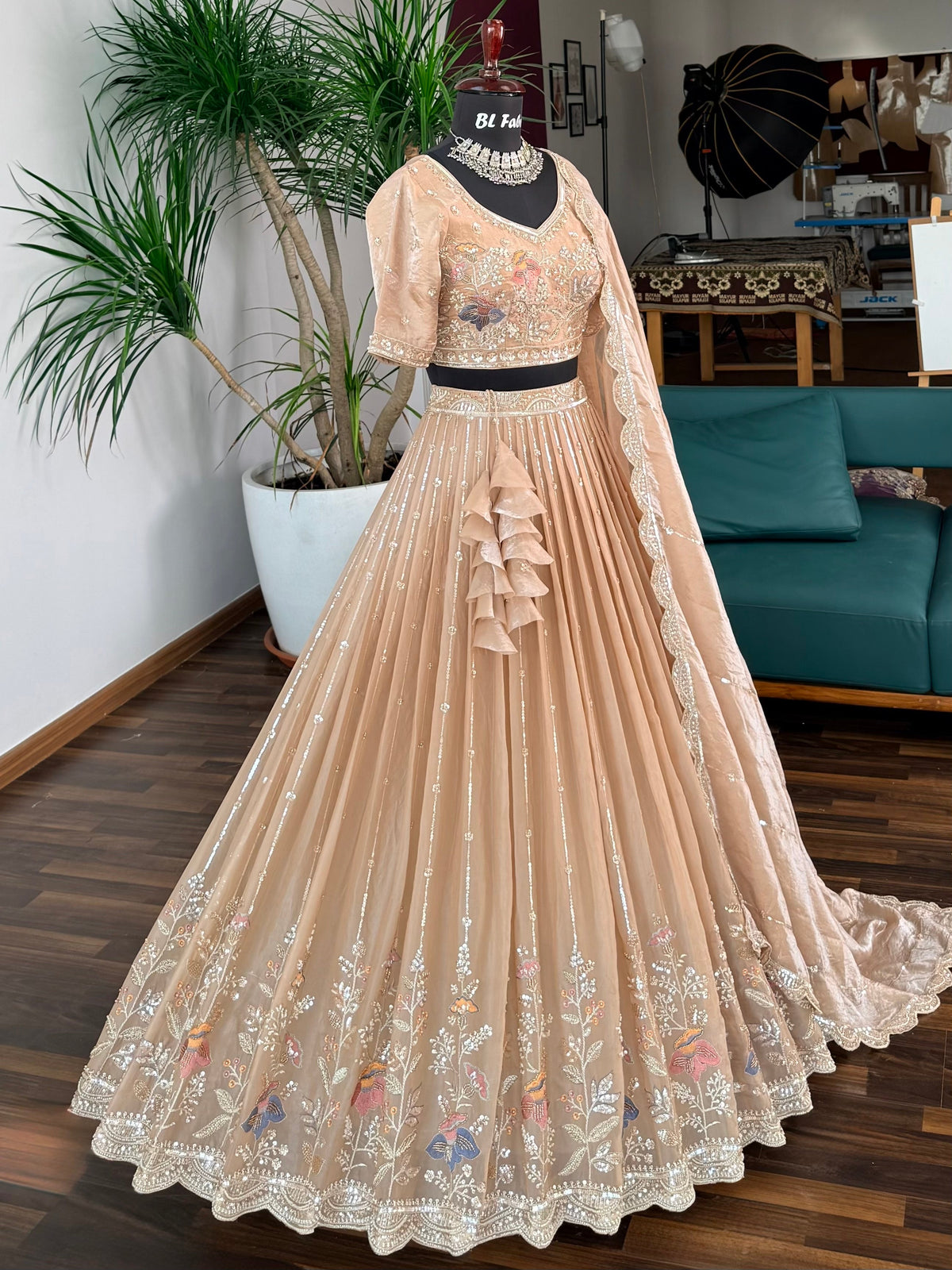 Peach Gold color Bids Embroidery work Lehenga Choli BL1723