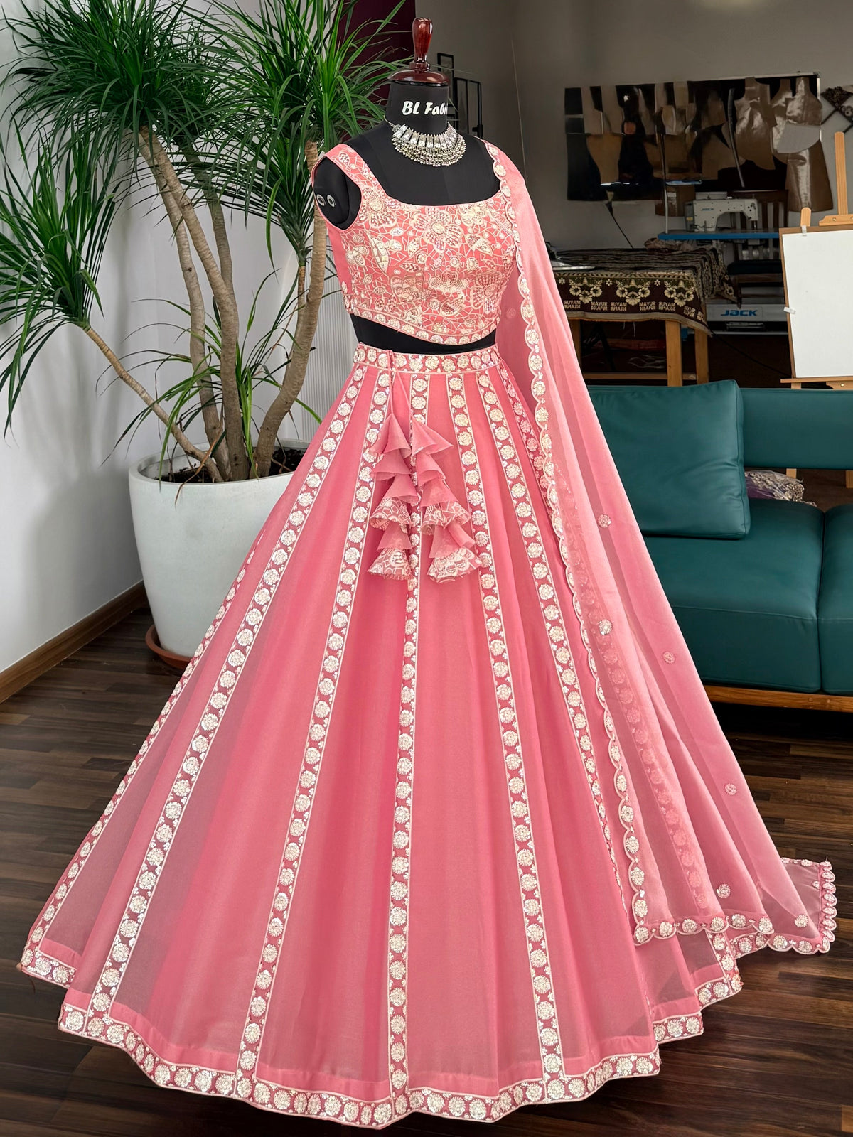 Peach Pink color Sequence Embroidery work Designer Lehenga Choli BL1720