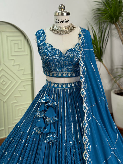 Firozi color Ruffle Sequence Embroidery work Designer Lehenga Choli BL1653