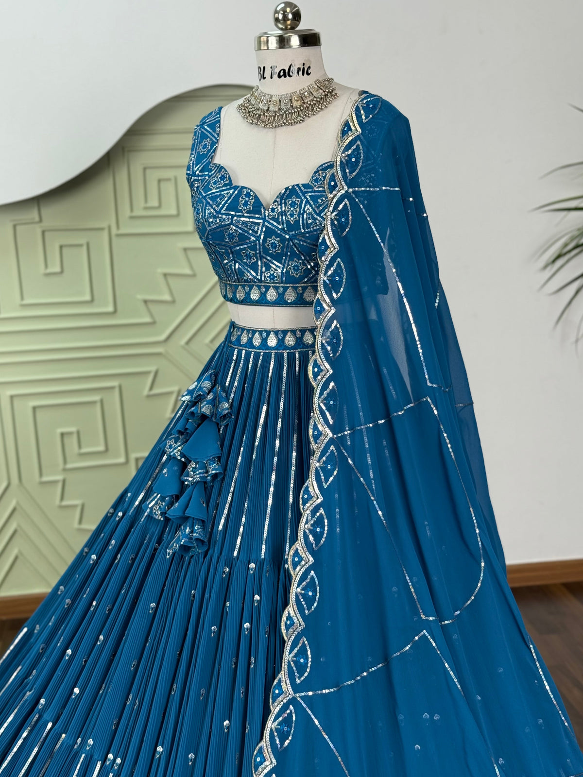 Firozi color Ruffle Sequence Embroidery work Designer Lehenga Choli BL1653