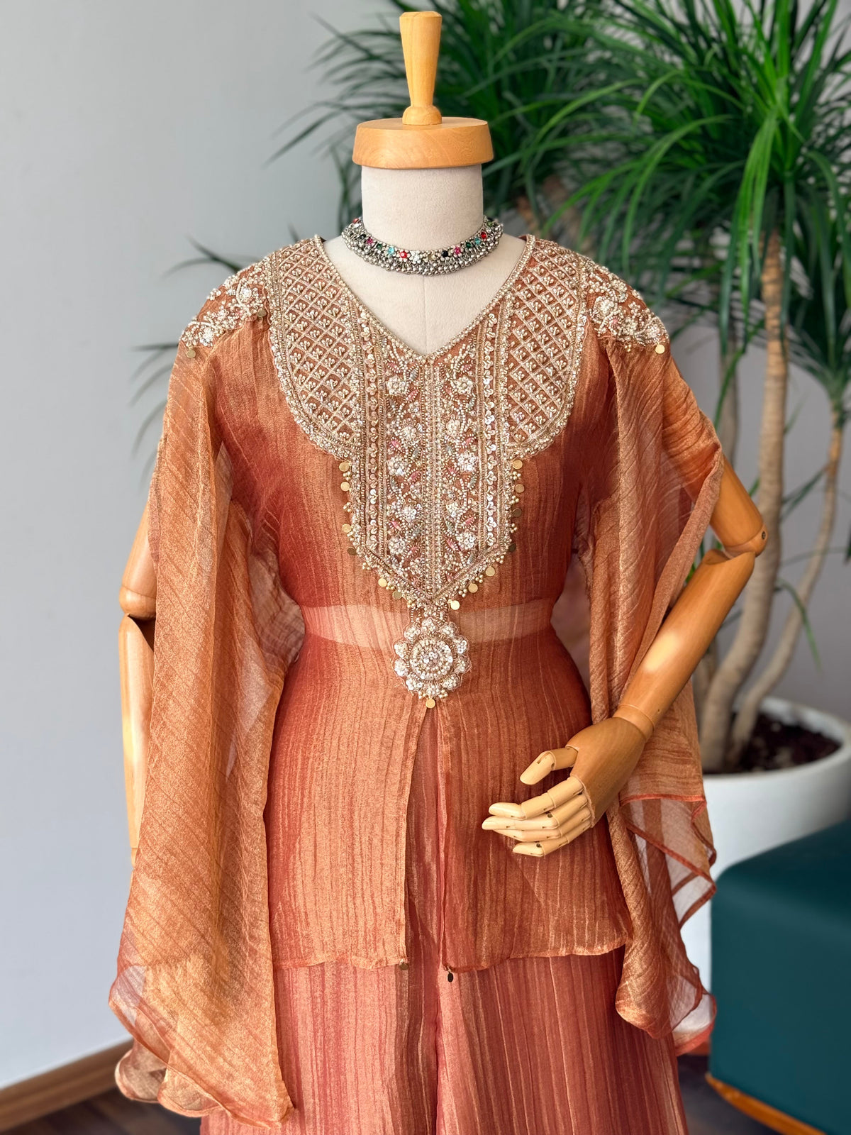Copper Peach Handwork Necklace Sharara set BLS130