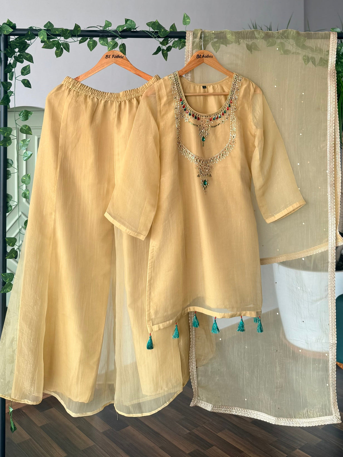 Pastel Yellow color Bids Sequence Embroidery work Sharara set BLS136