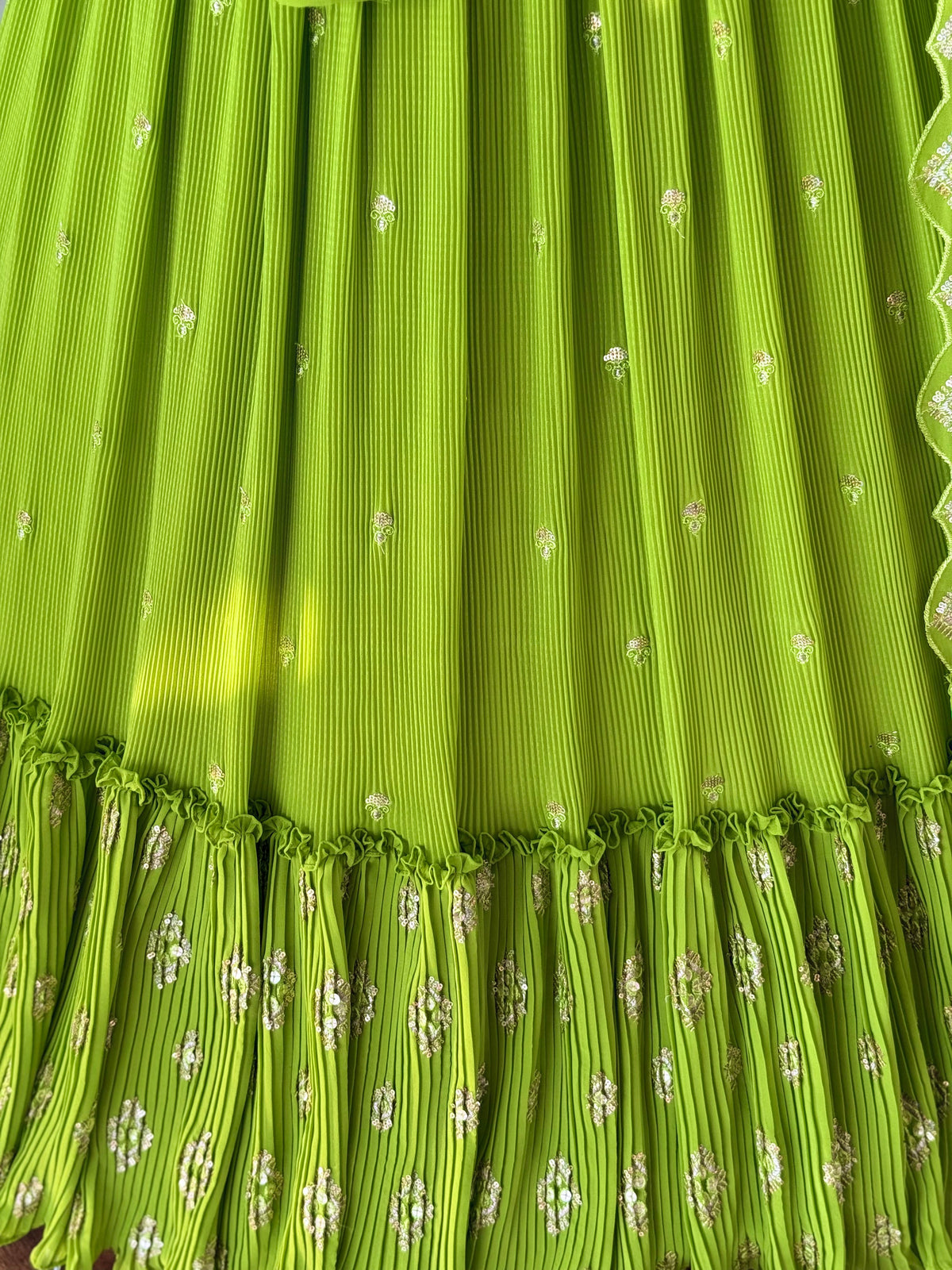 Parrot Green Crush & Embroidery work Ruffle Style Lehenga Choli for any function BL1695