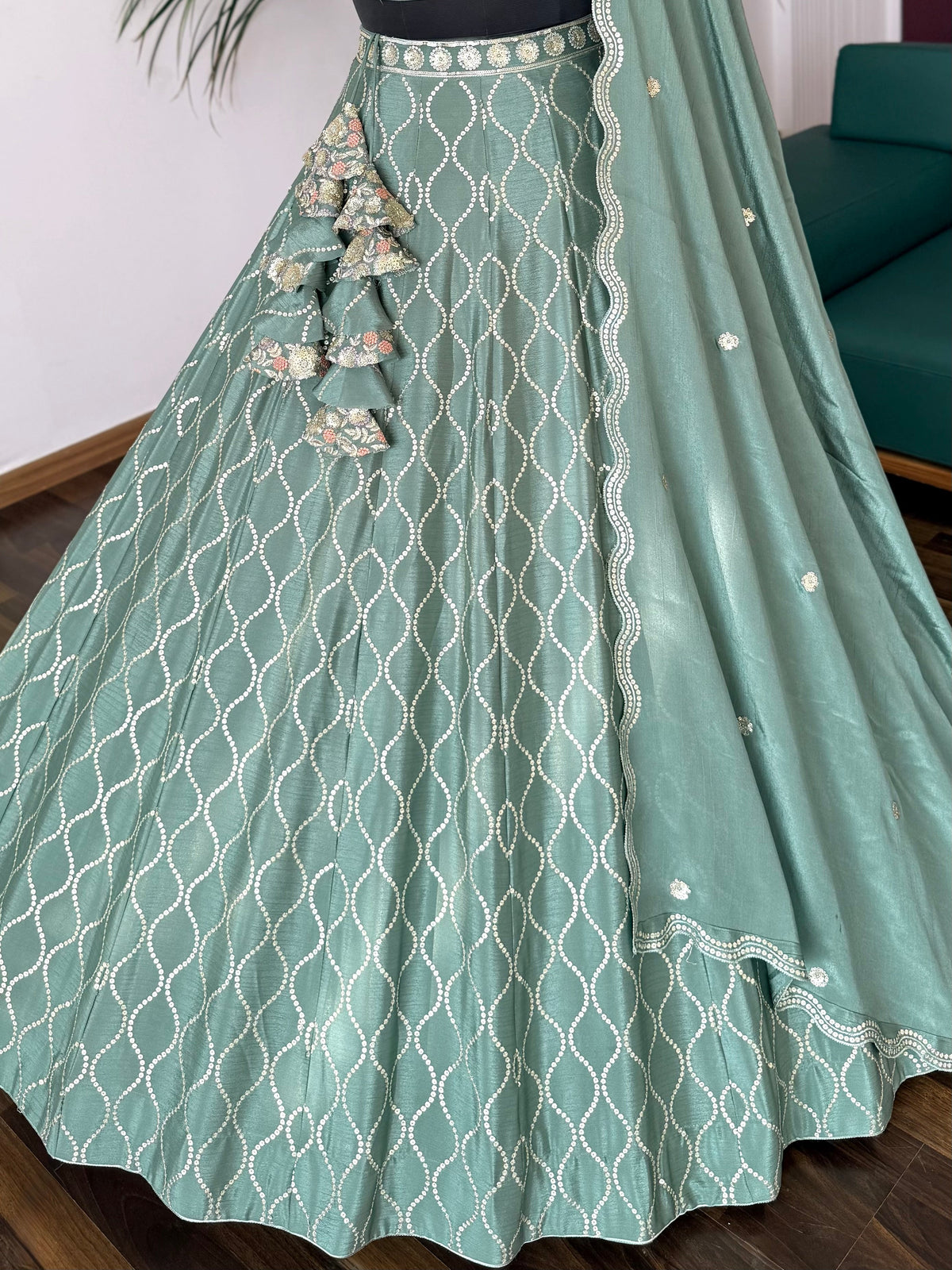 Pastel Green color Sequence Embroidery work Designer Lehenga Choli BL1688
