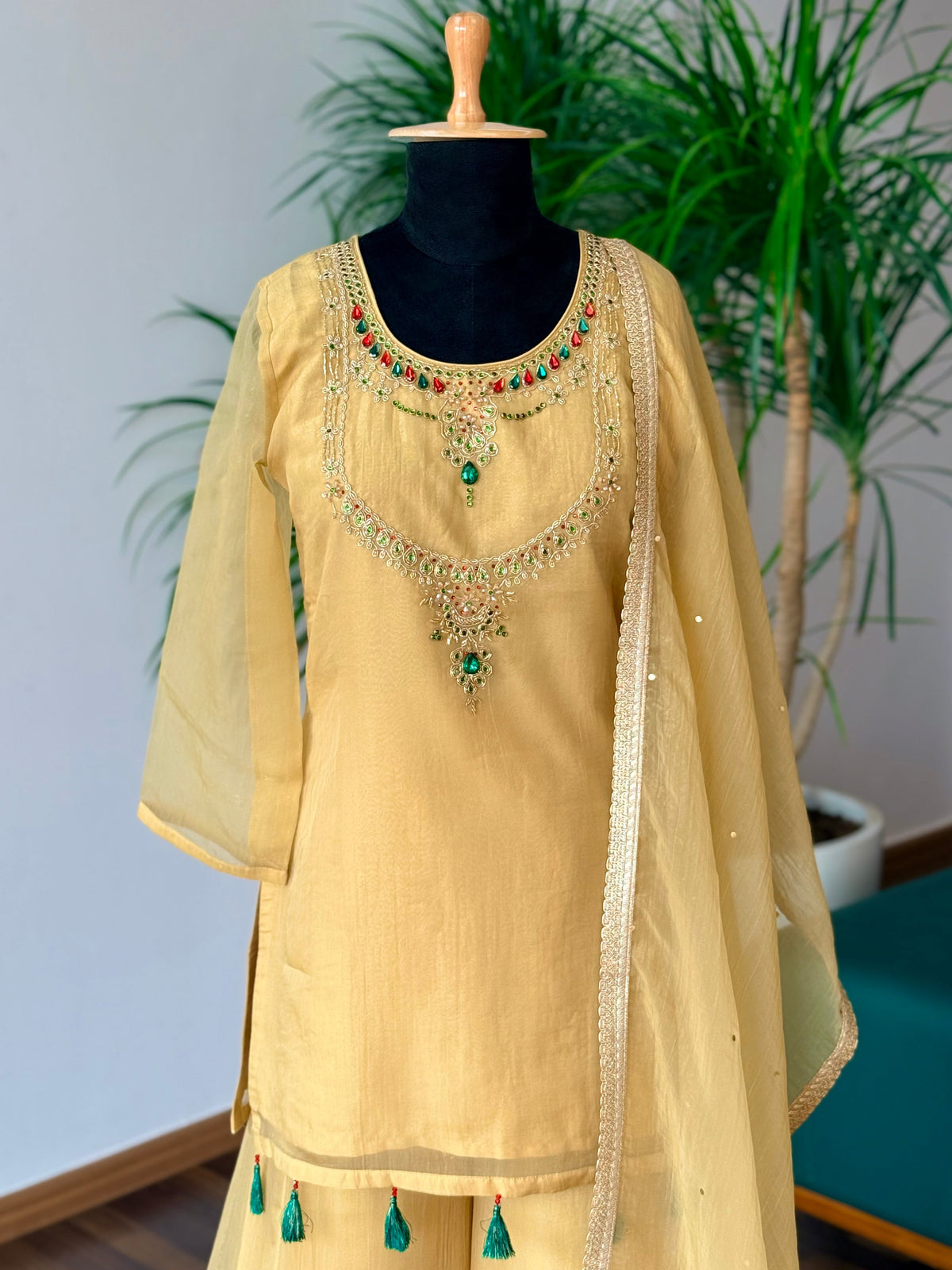 Pastel Yellow color Bids Sequence Embroidery work Sharara set BLS136
