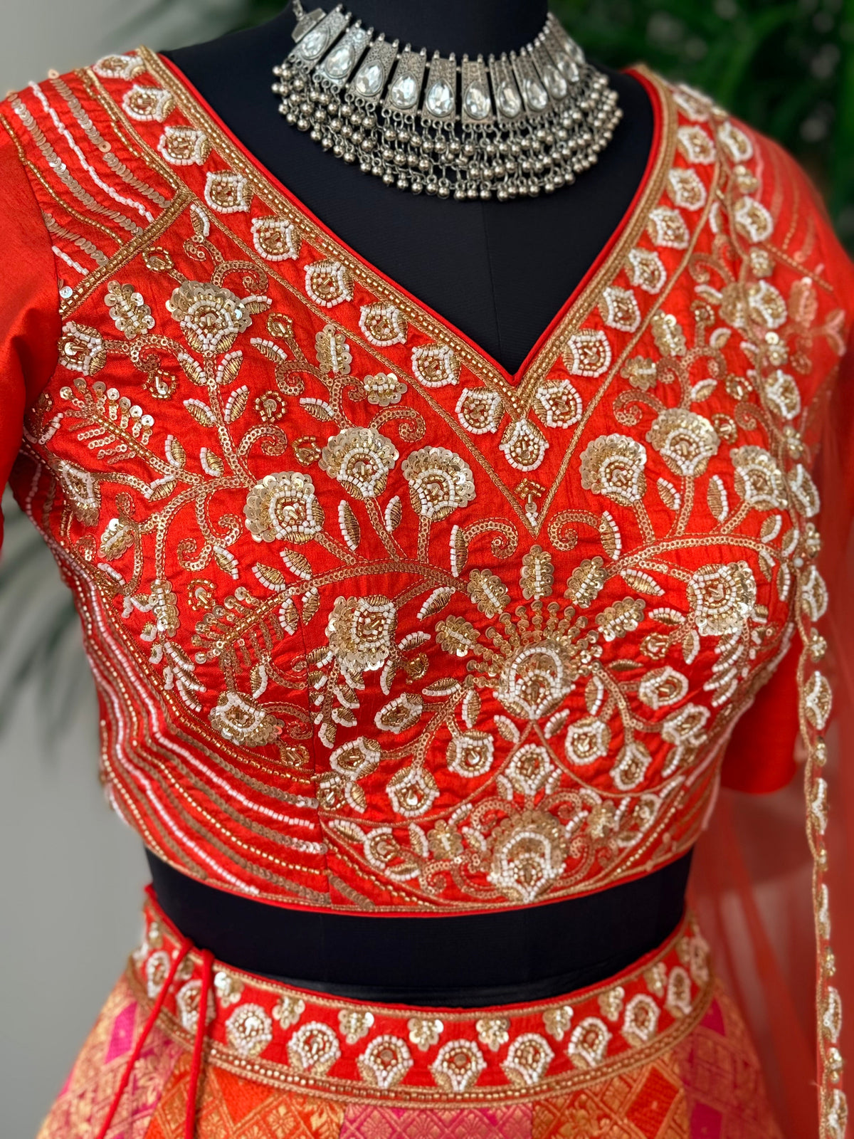 Coral Orange Pink color Bids Embroidery work Jacquard Lehenga Choli BL1744