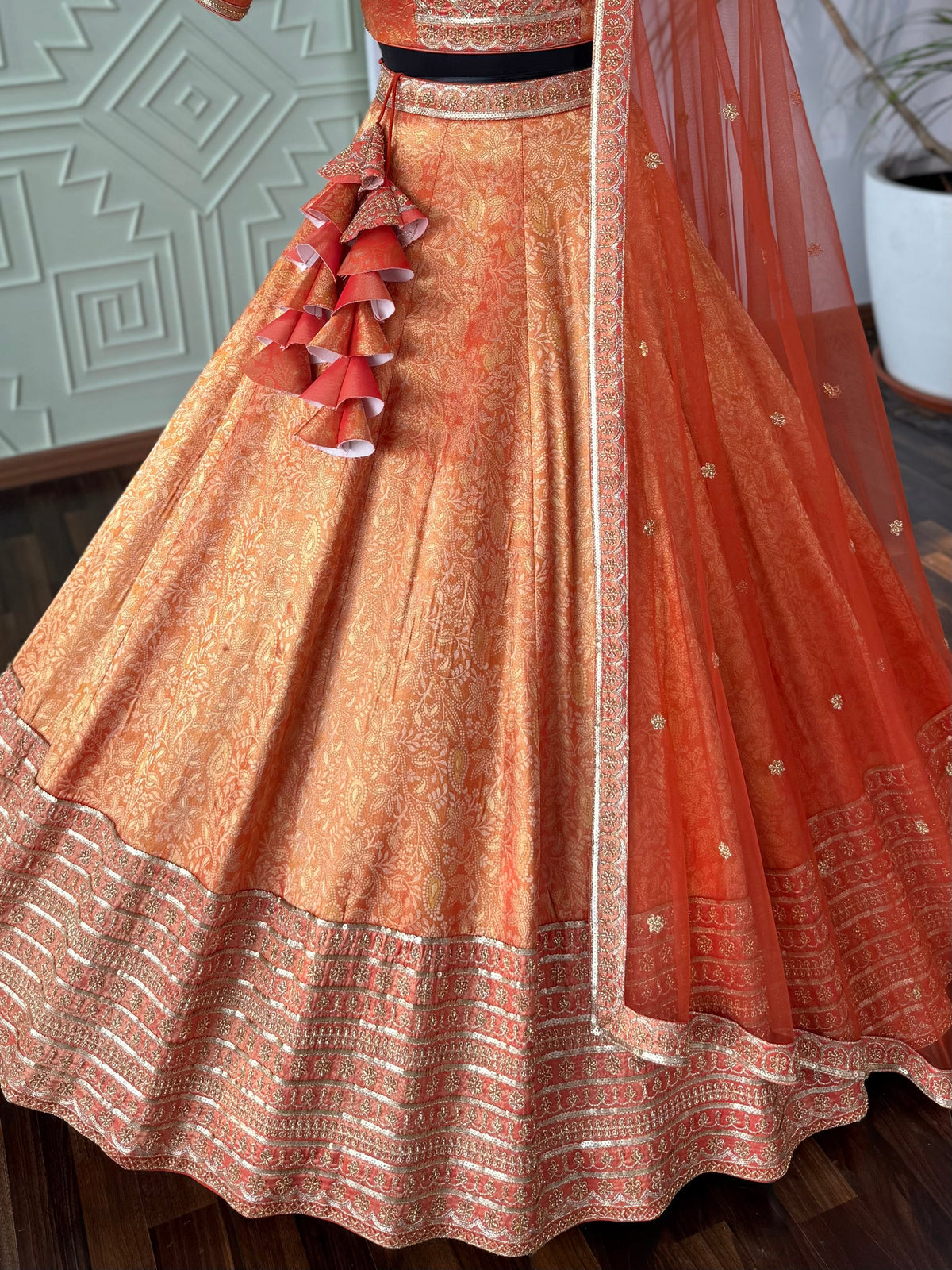 Orange color Jacquard With Bids Embroidery Designer Lehenga choli BL1676