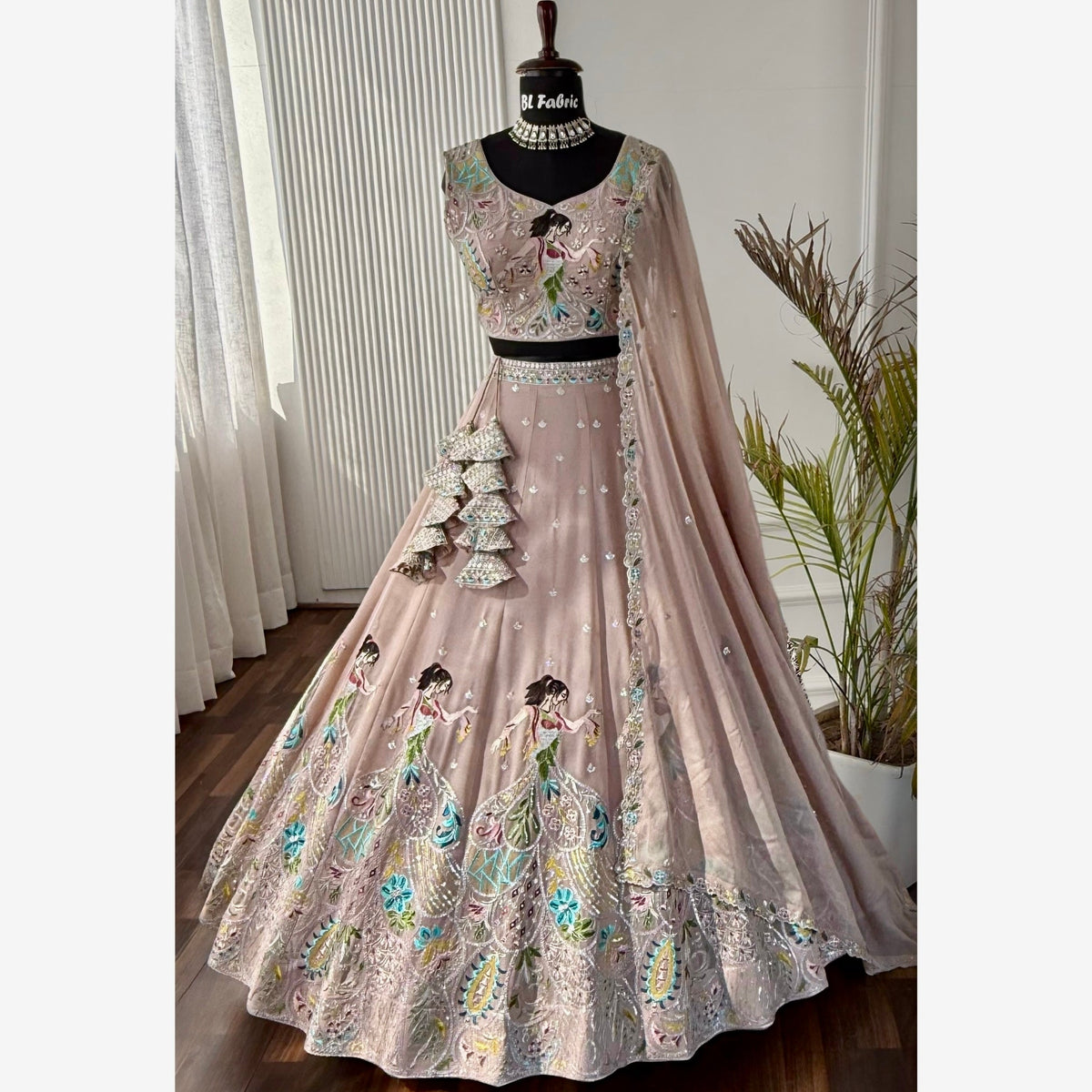 Pastal Cream color Sequence Thread Embroidery work Designer Lehenga Choli for Wedding Function BL1523