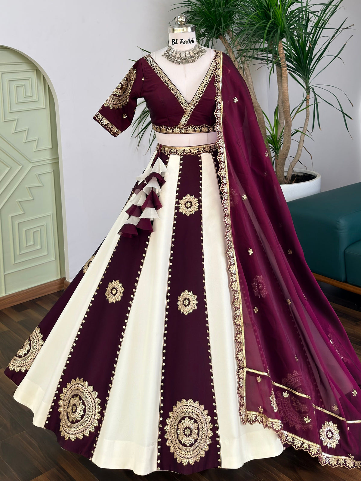 Wine & Off-White color Sequence Embroidery work Designer Lehenga Choli BL1697
