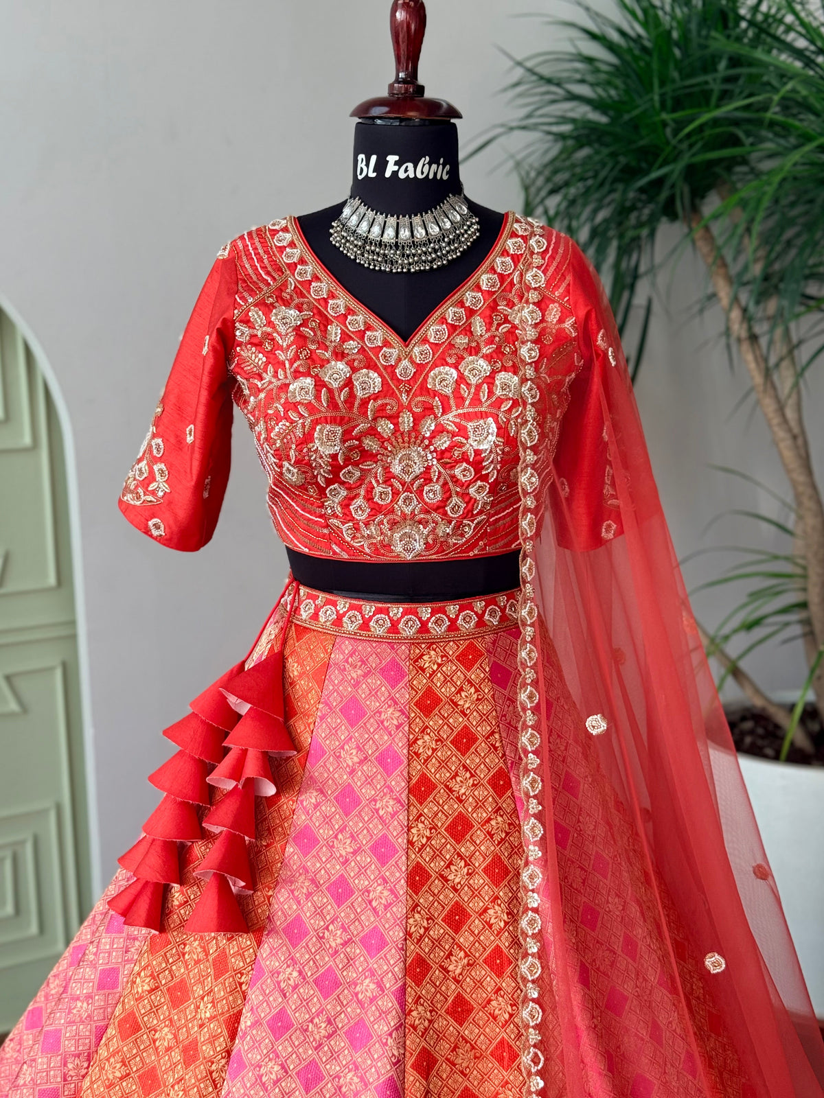 Coral Orange Pink color Bids Embroidery work Jacquard Lehenga Choli BL1744