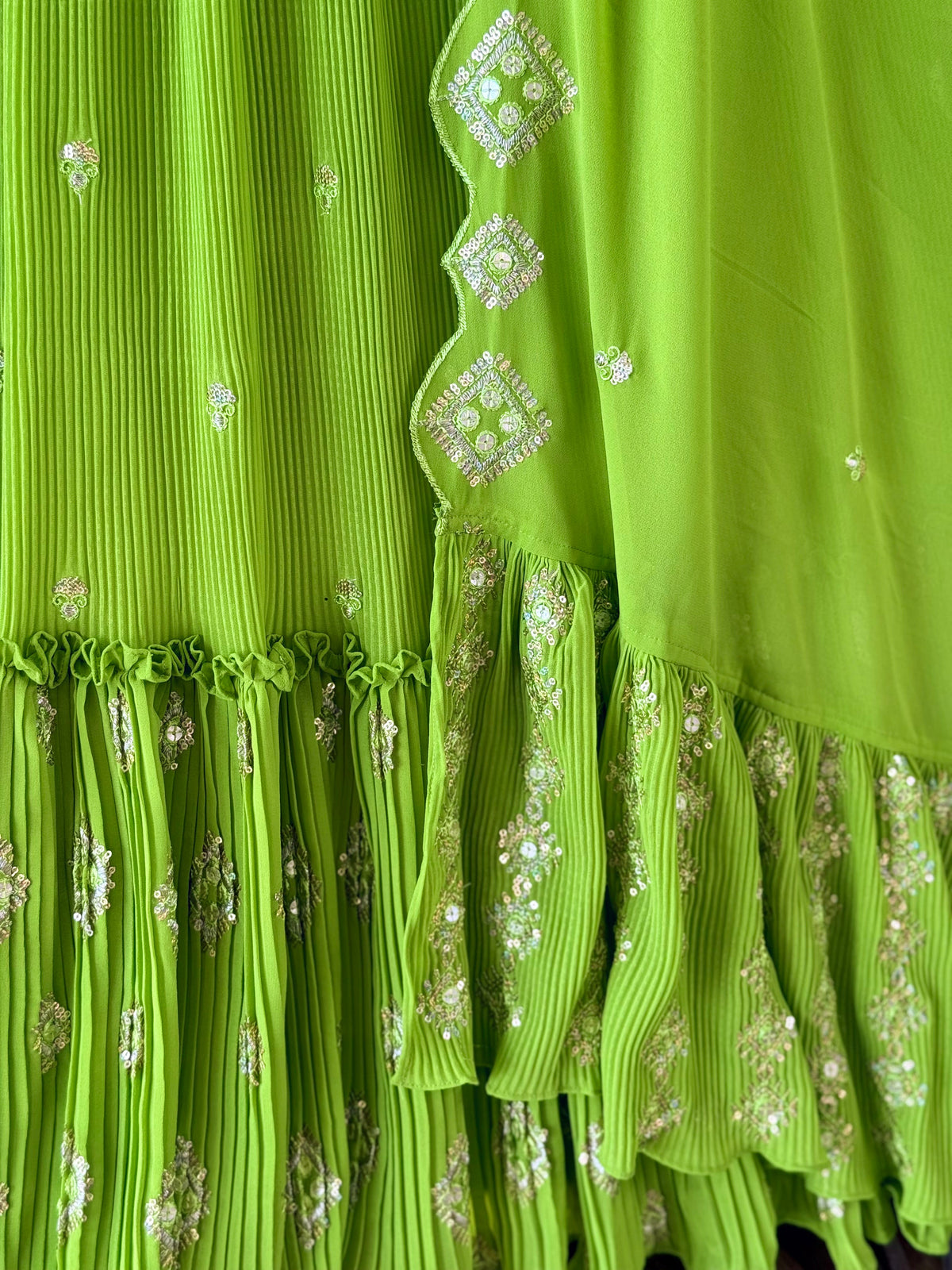 Parrot Green Crush & Embroidery work Ruffle Style Lehenga Choli for any function BL1695