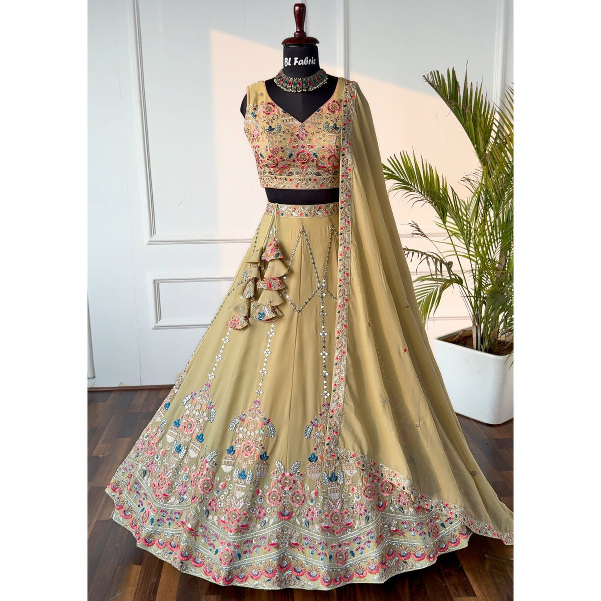 Cream color Real Mirror & Sequence Thread work Designer Wedding Lehenga Choli For Wedding Function BL1493