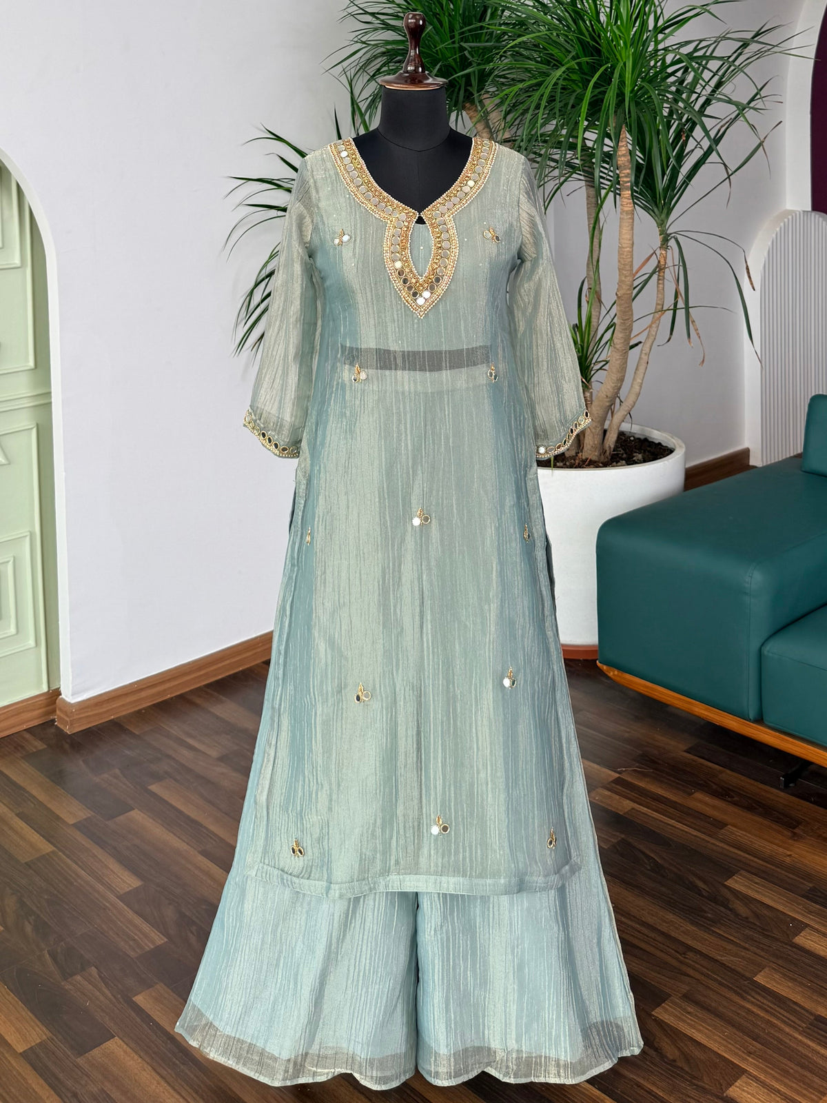 Pastel Sky Blue Handwork Necklace Sharara set BLS115
