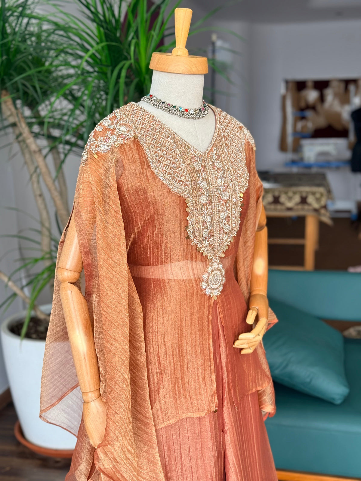 Copper Peach Handwork Necklace Sharara set BLS130