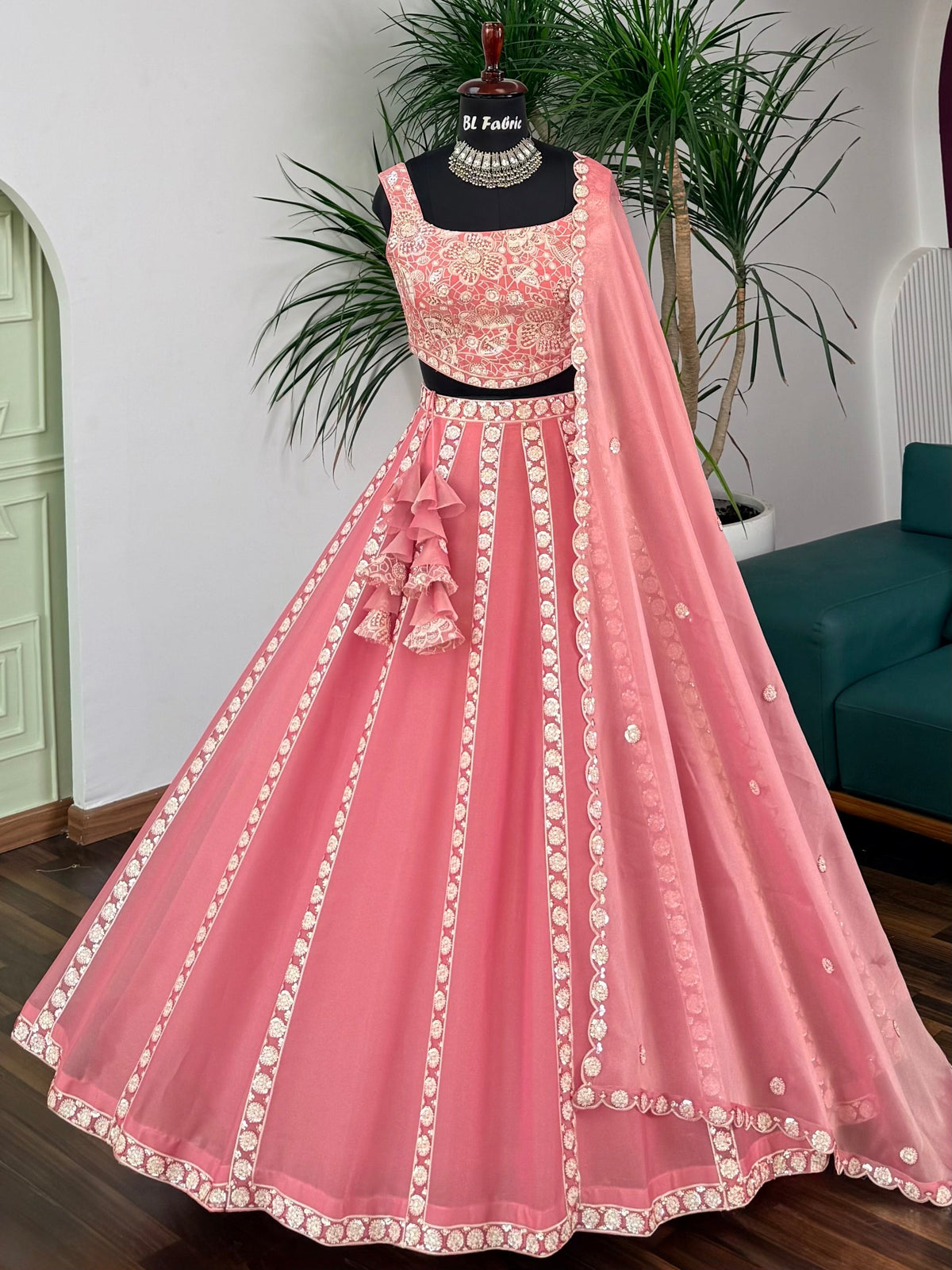 Peach Pink color Sequence Embroidery work Designer Lehenga Choli BL1720