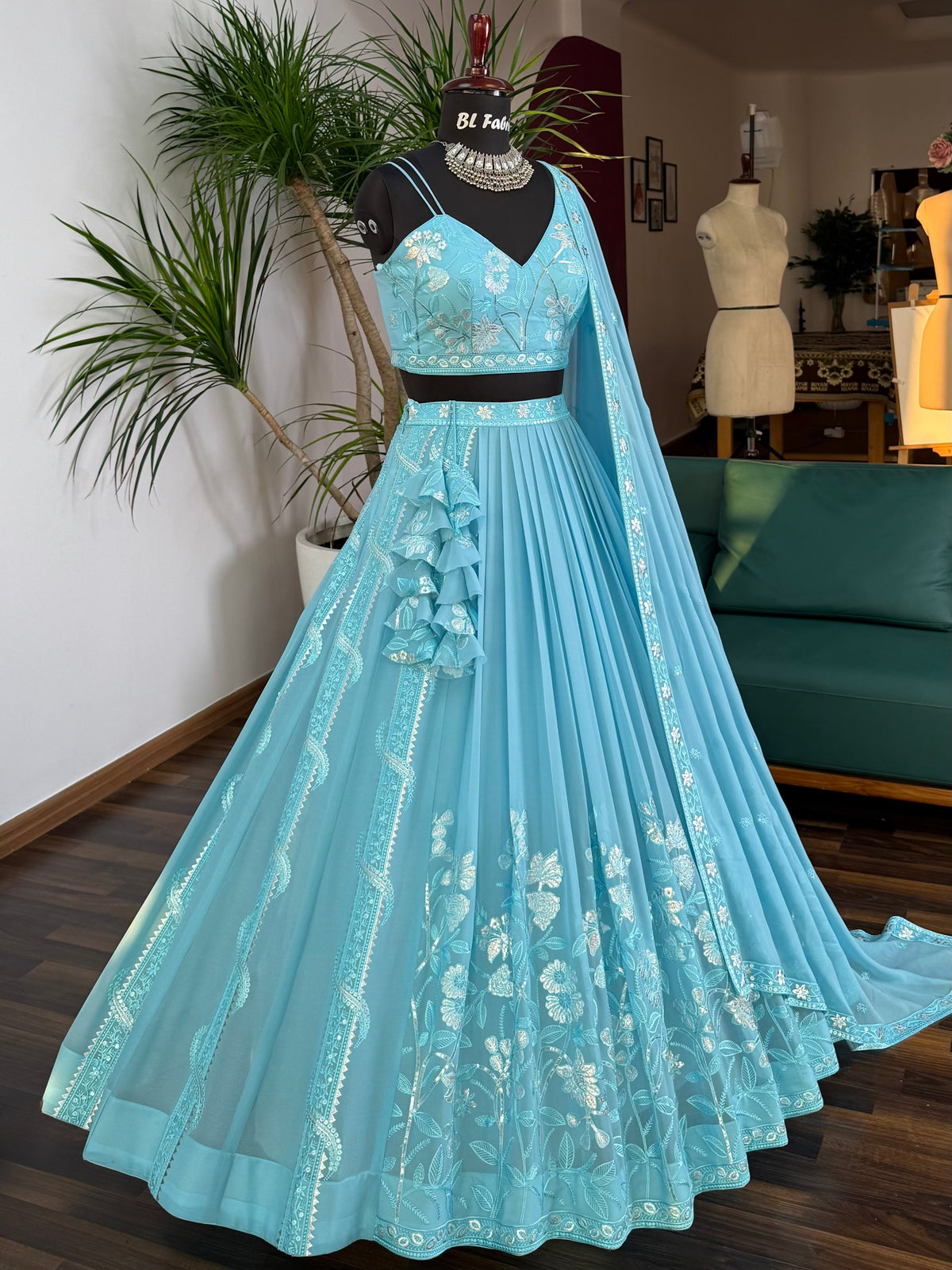 Sky blue color Real Mirror & Embroidery work Designer Lehenga Choli BL1663