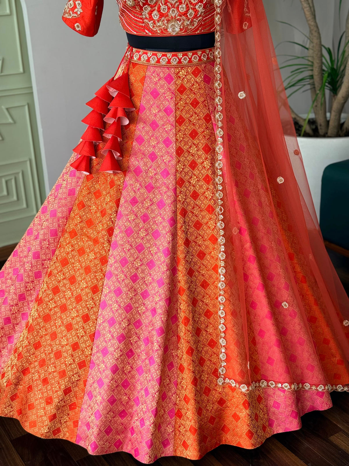 Coral Orange Pink color Bids Embroidery work Jacquard Lehenga Choli BL1744